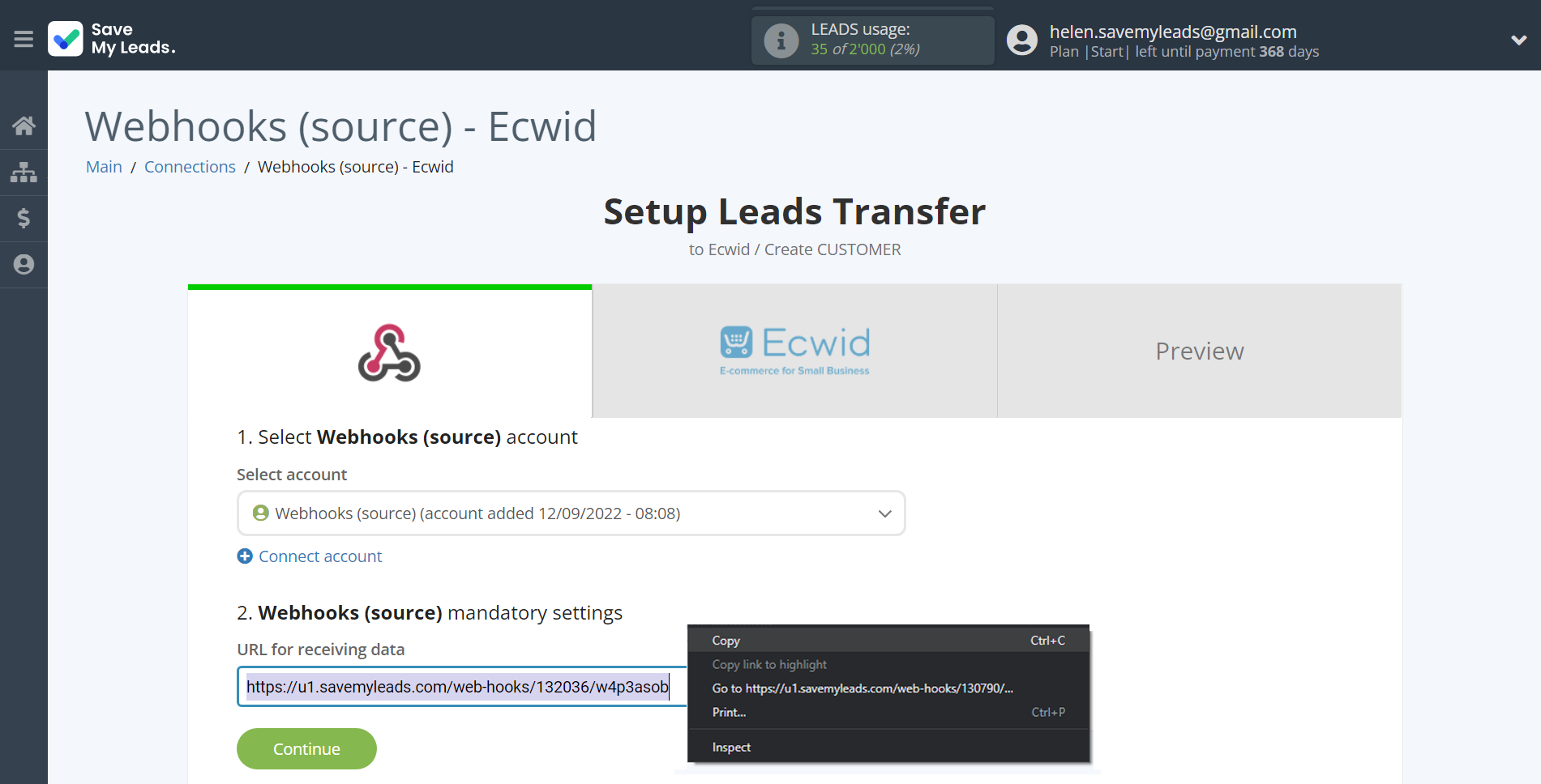 How to Connect Webhooks with Ecwid Create Customers | Data Source account connection