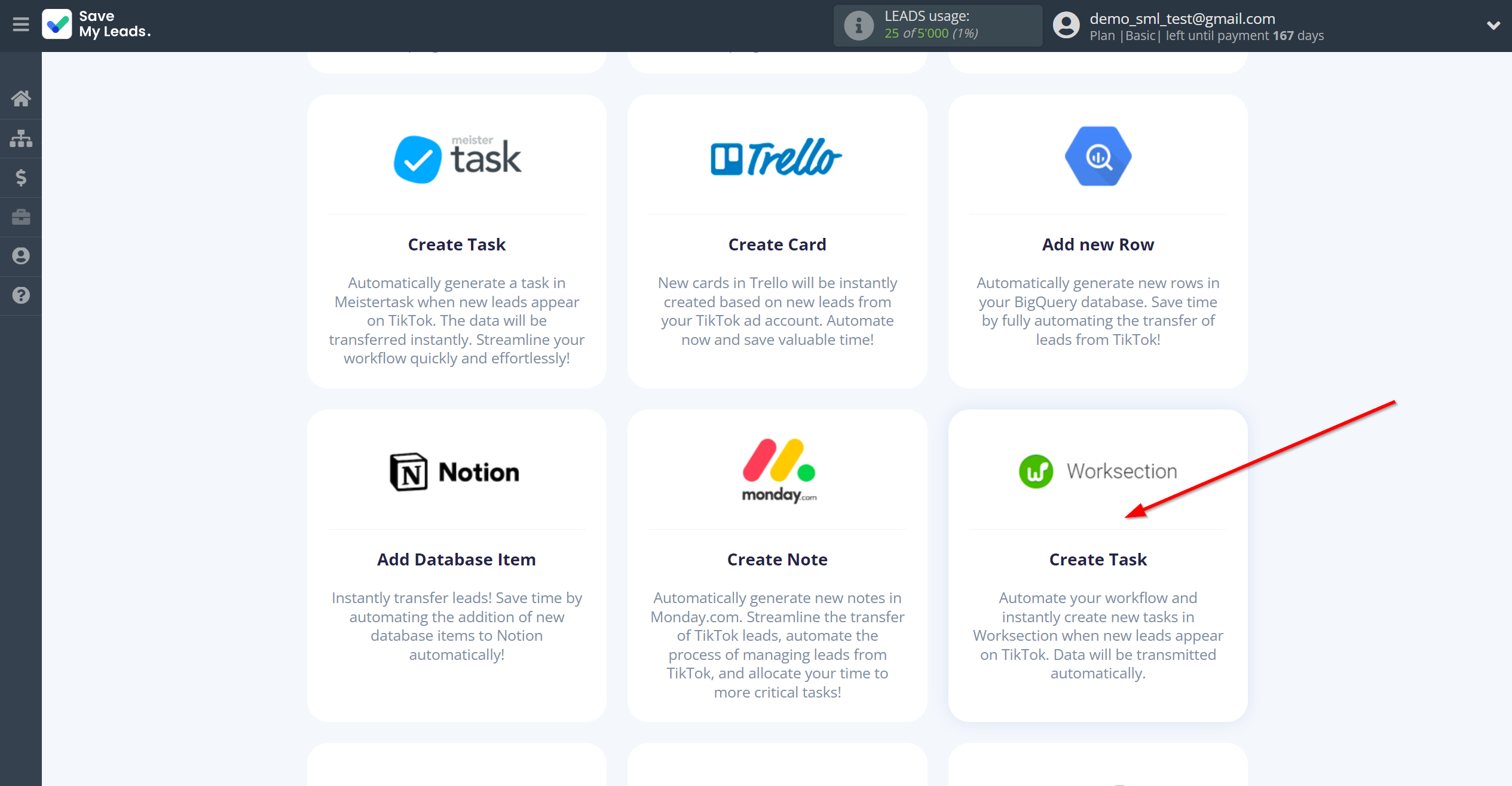 How to Connect TikTok with Worksection | Data Destination system selection