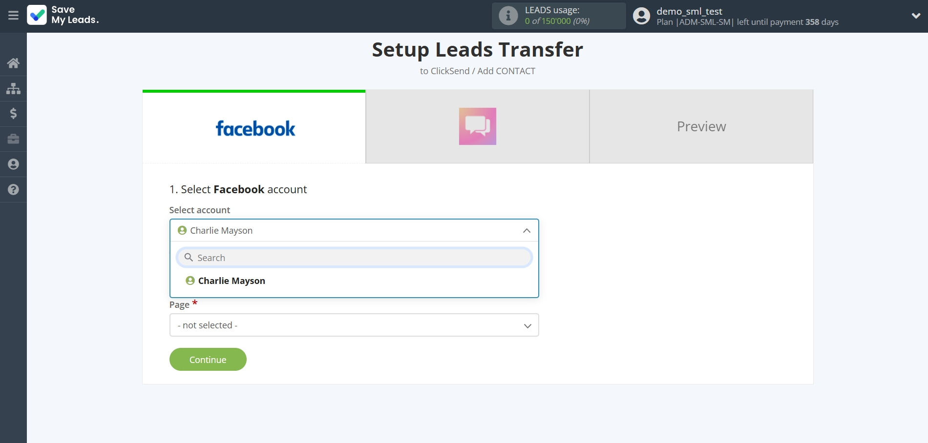 How to Connect Facebook with ClickSend Add Contacts | Data Source account selection