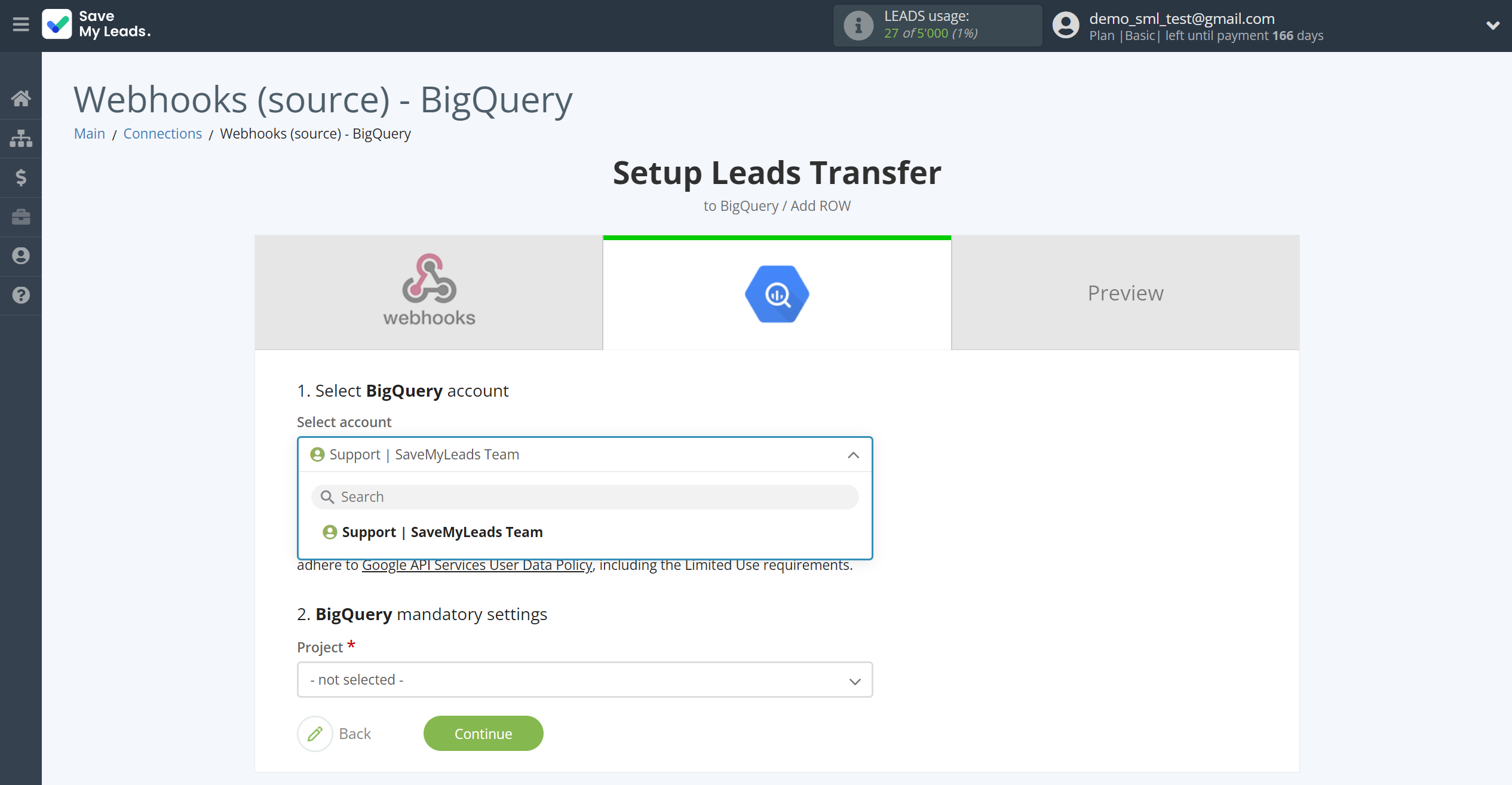 How to Connect Webhooks with&nbsp;BigQuery | Data Destination account selection