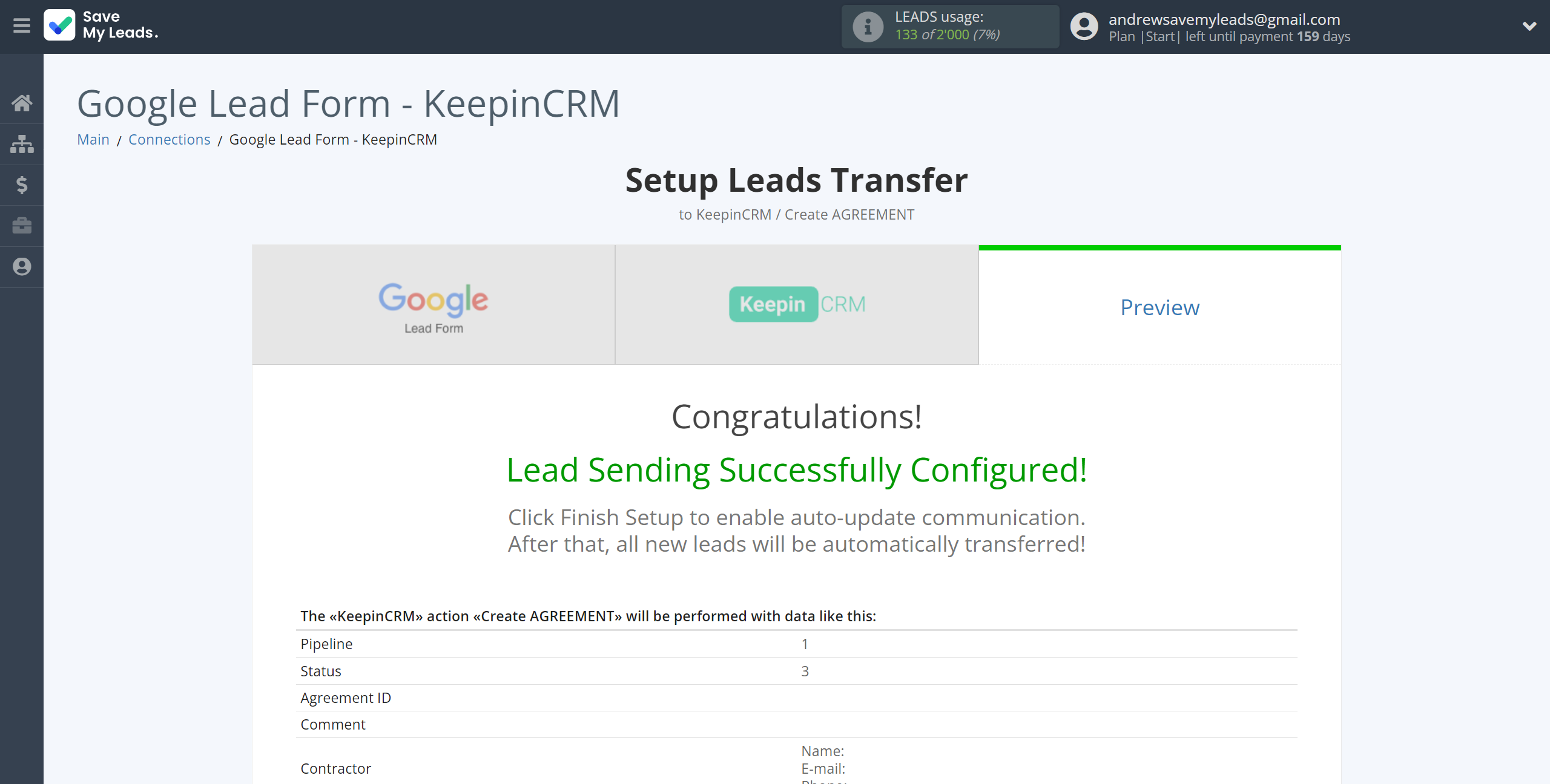 How to Connect Google Lead Form with KeepinCRM Create Agreement | Test data