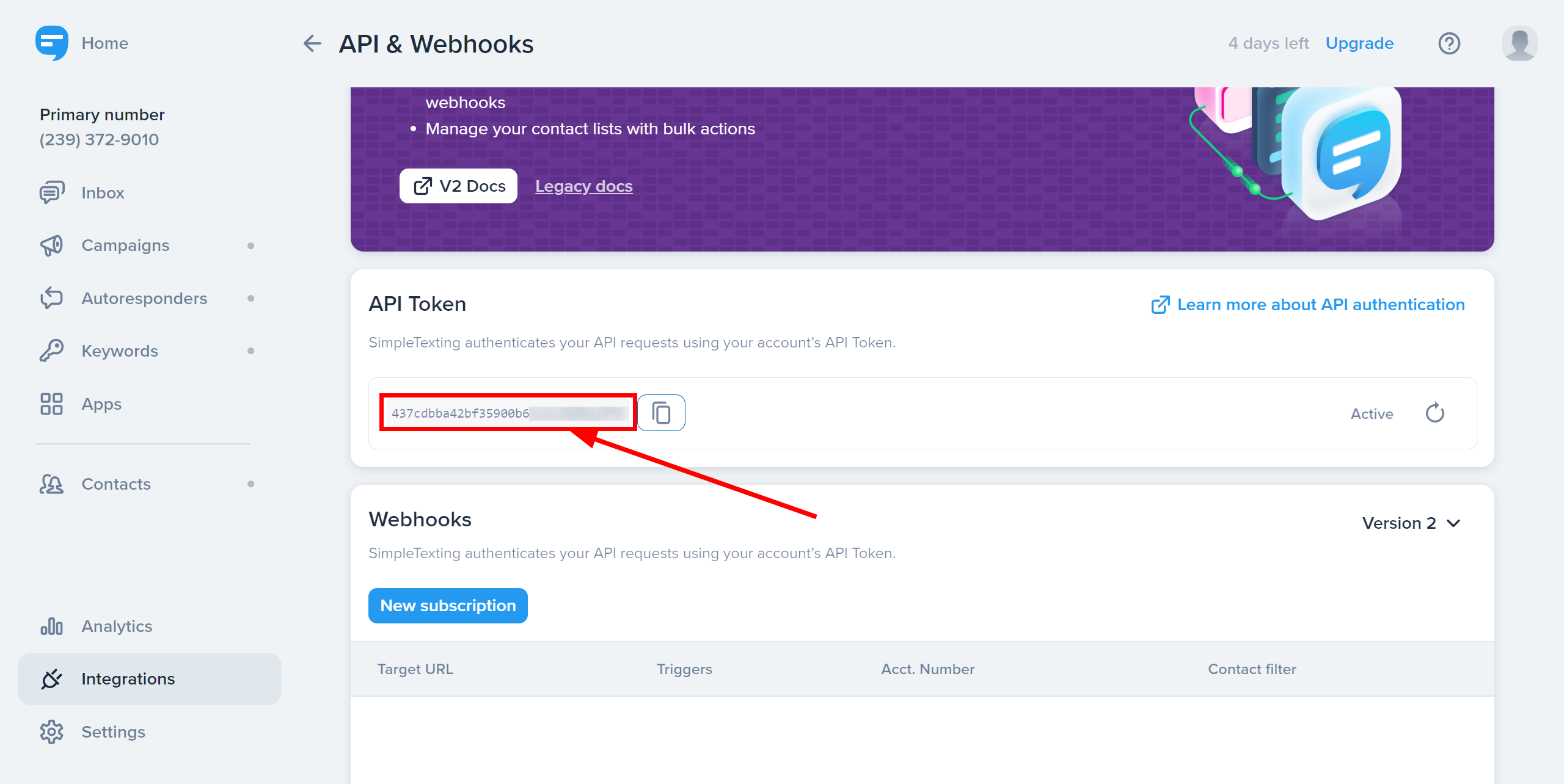 How to Connect Webhooks with SimpleTexting | Data Destination account connection