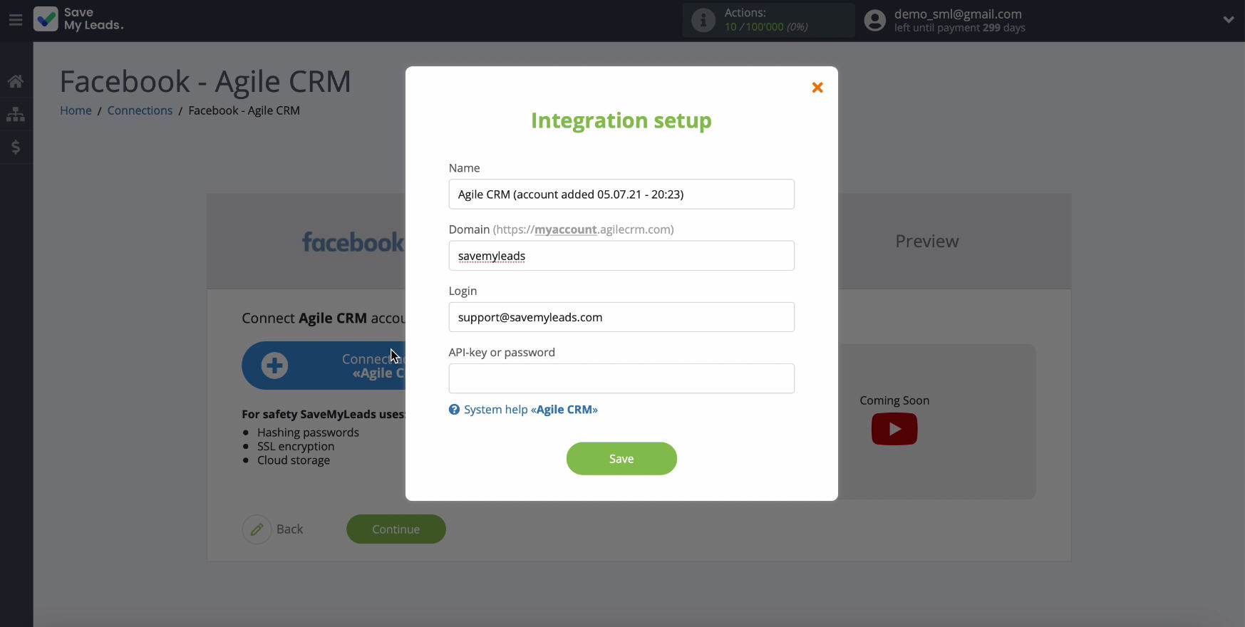 Facebook and AgileCRM integration | Fill in the “Login” line.&nbsp;