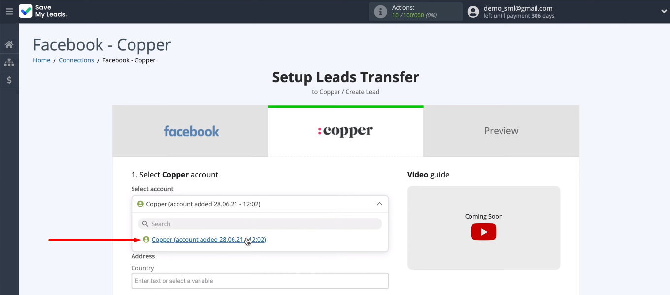 Facebook and Copper integration | Select the connected Copper account