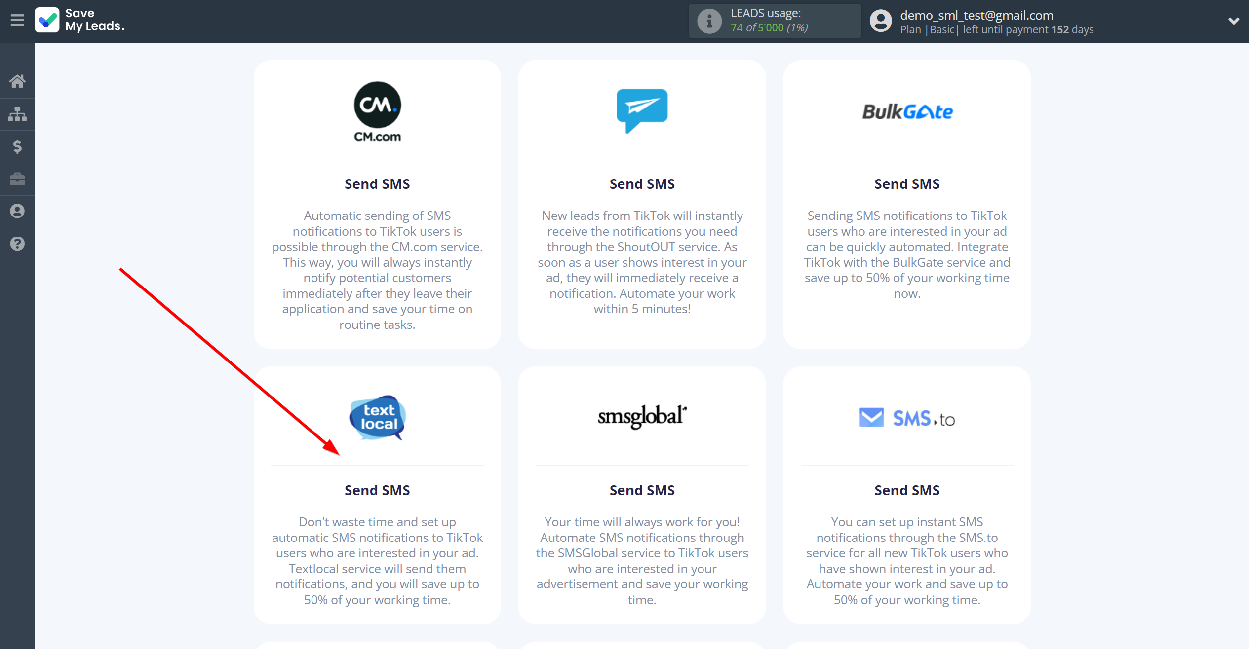 How to Connect TikTok with Textlocal | Data Destination system selection