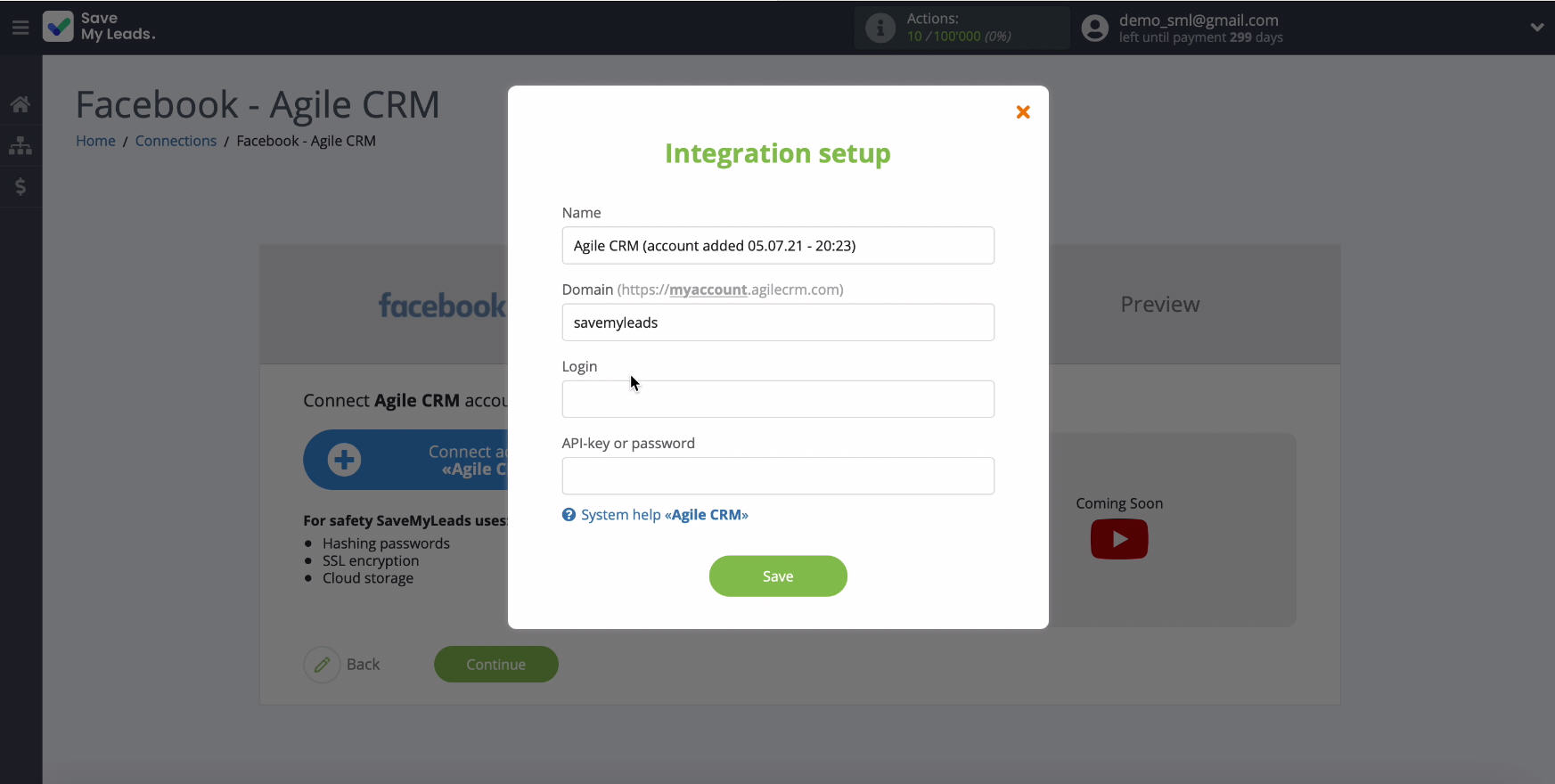 Facebook and AgileCRM integration | Fill in the "Domain" line&nbsp;