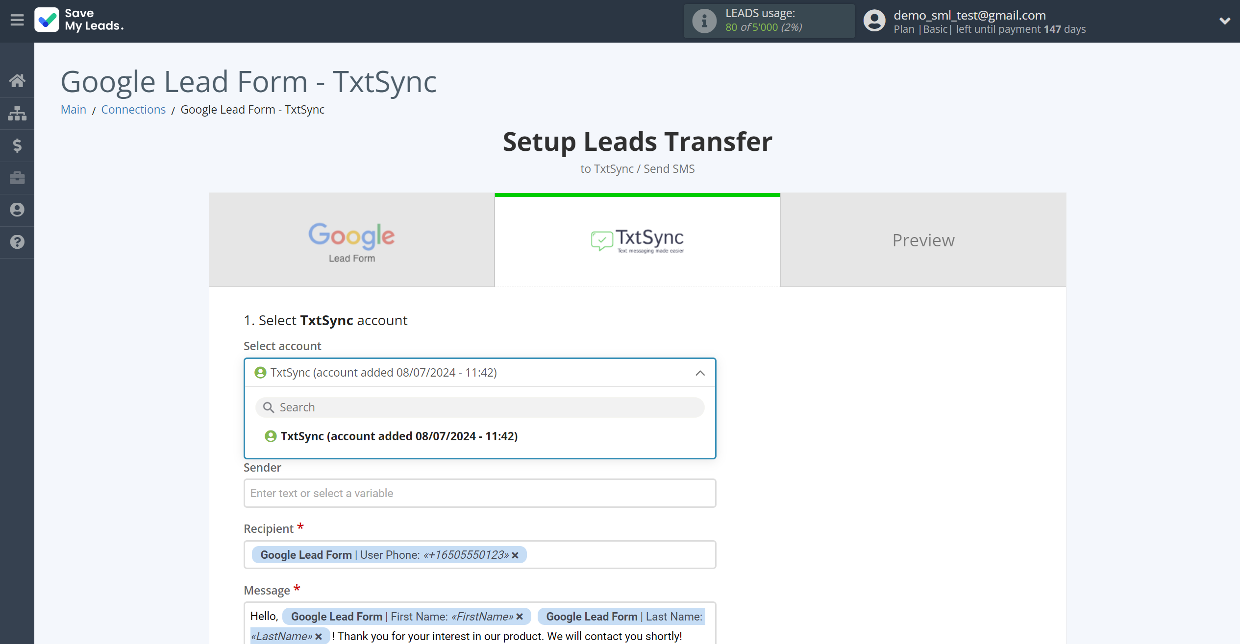 How to Connect Google Lead Form with TxtSync | Data Destination account selection