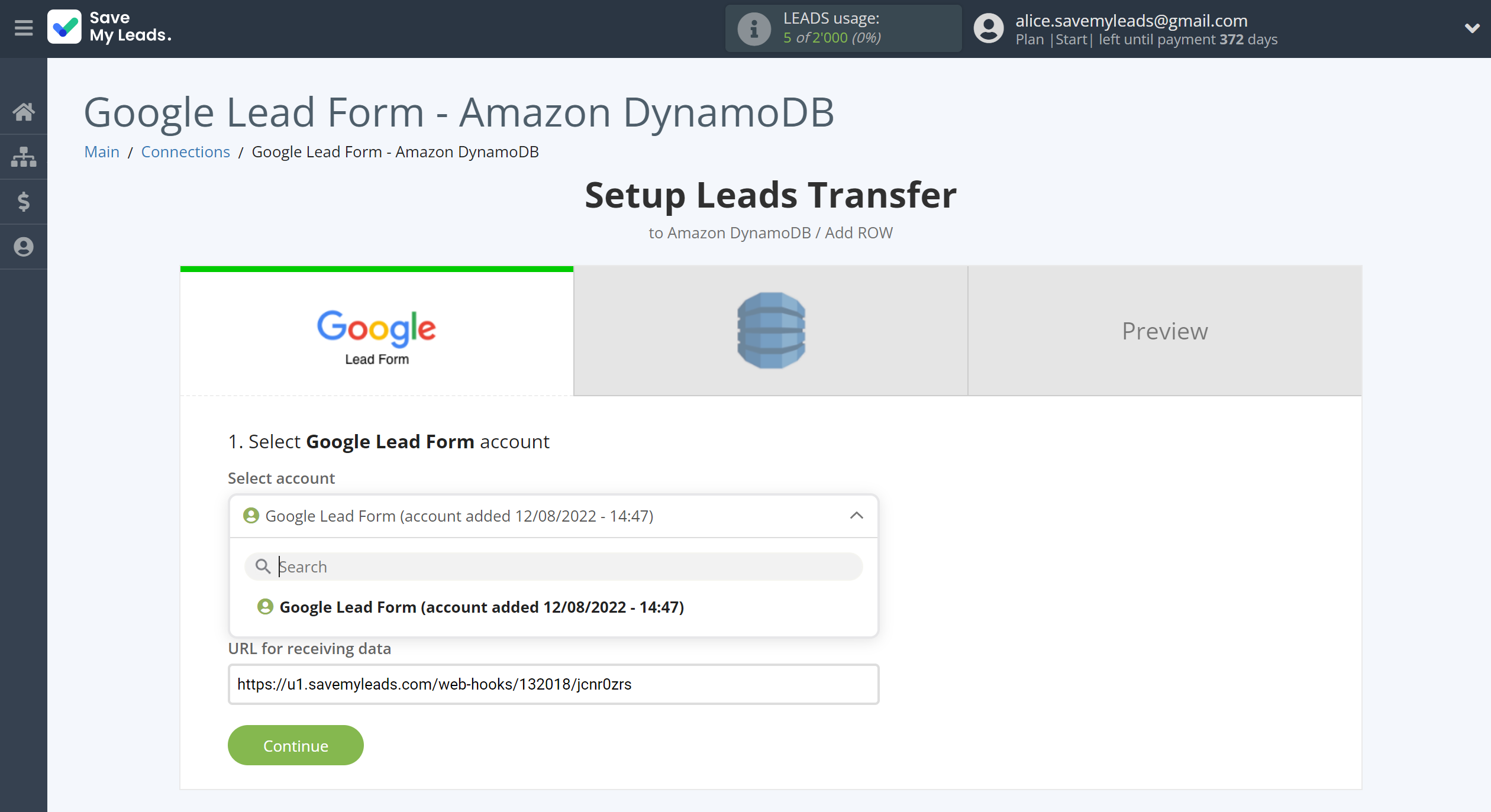 How to Connect Google Lead Form with Amazon DynamoDB | Data Source account selection