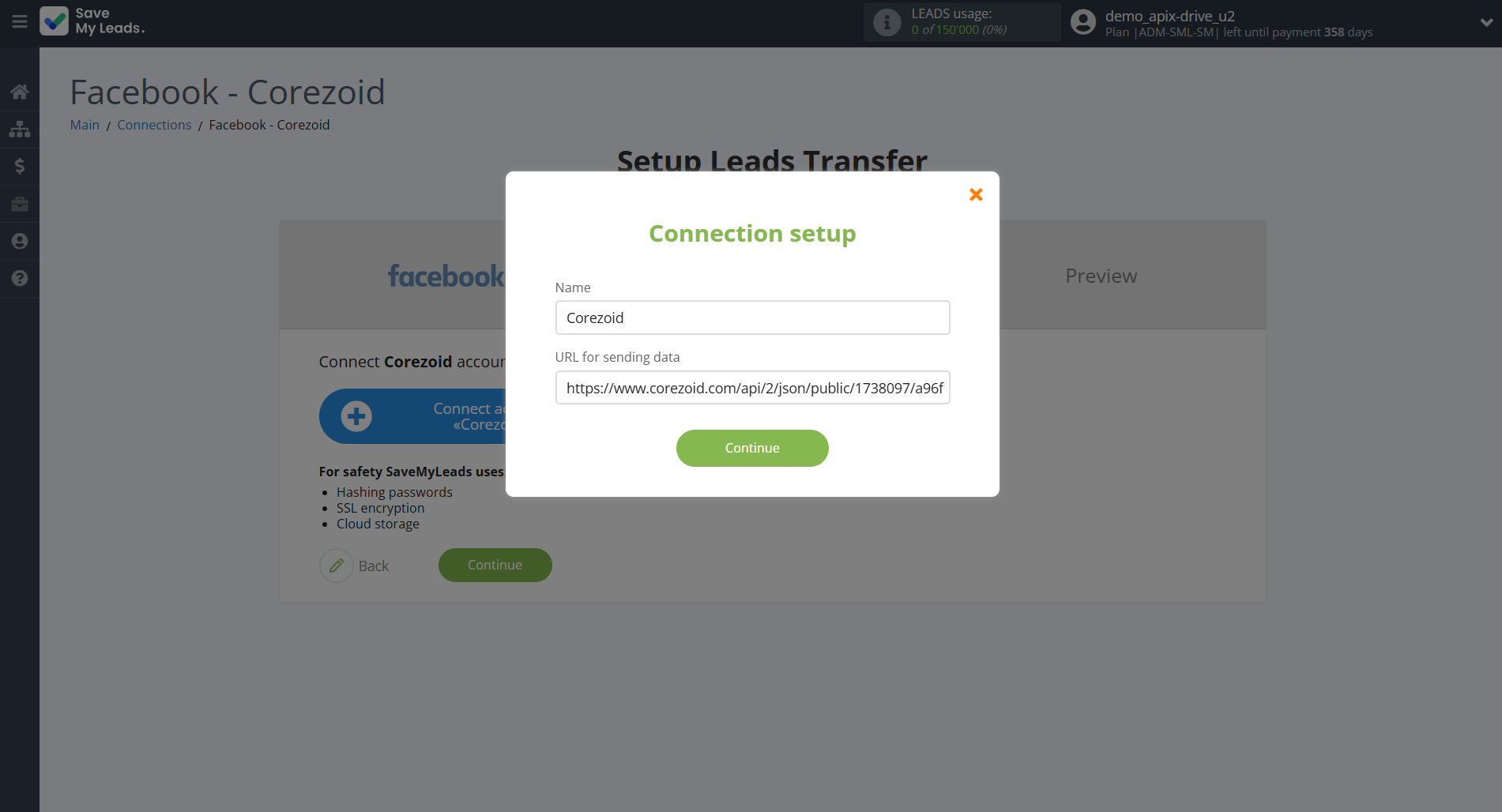 How to Connect Facebook with Corezoid | Data Destination account connection