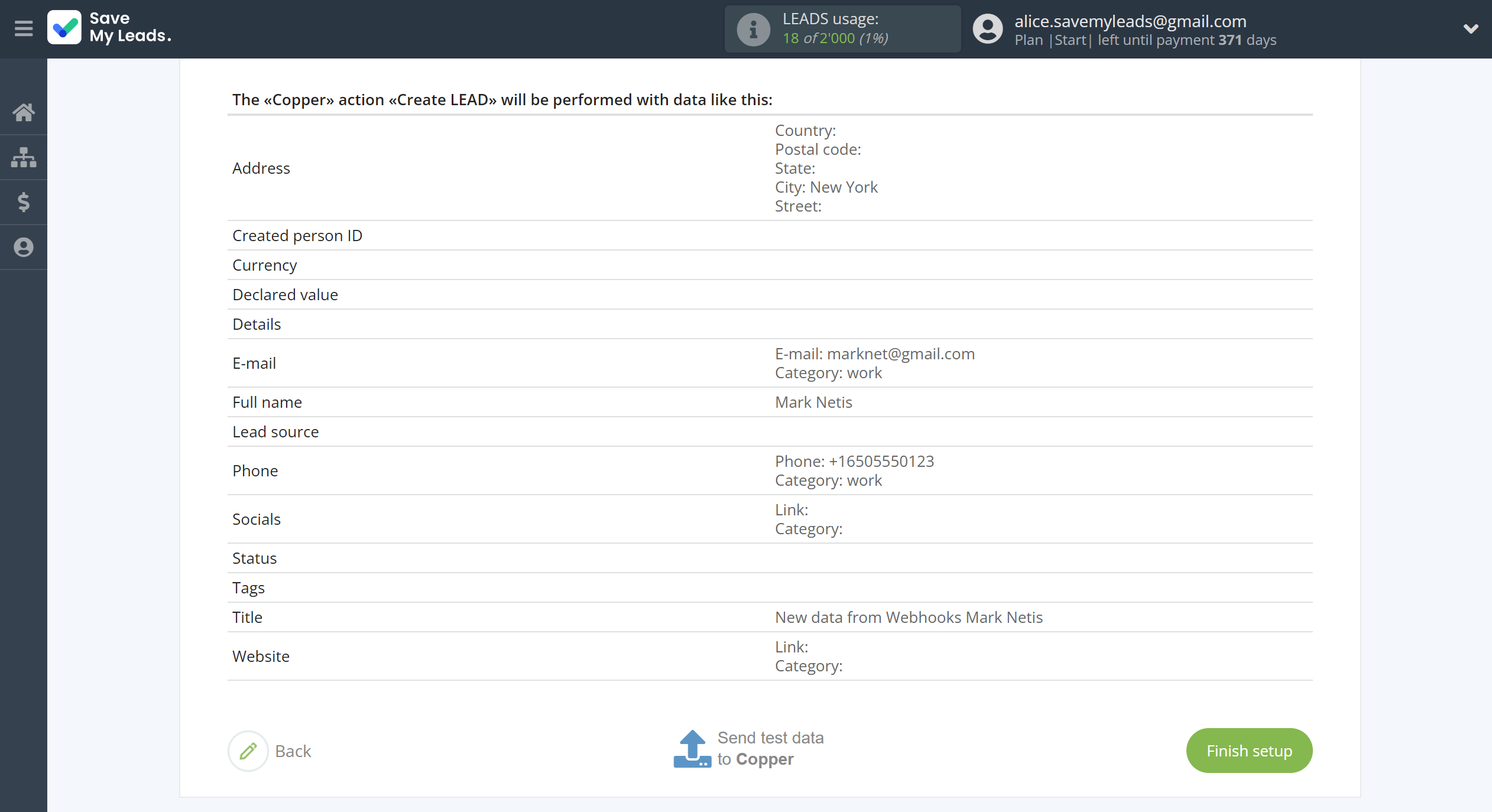 How to Connect Webhooks with Copper Create Lead | Test data