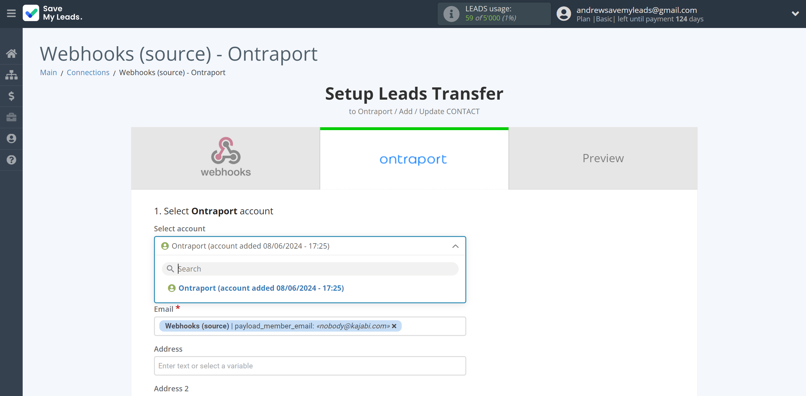 How to Connect Webhooks with Ontraport | Data Destination account selection