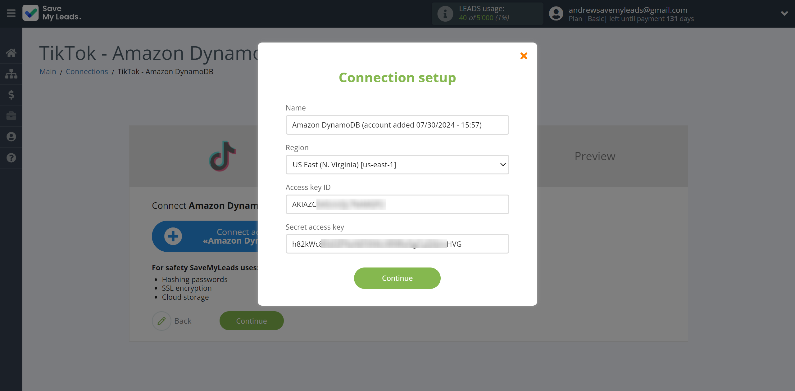 How to Connect TikTok with Amazon DynamoDB | Data Destination account connection