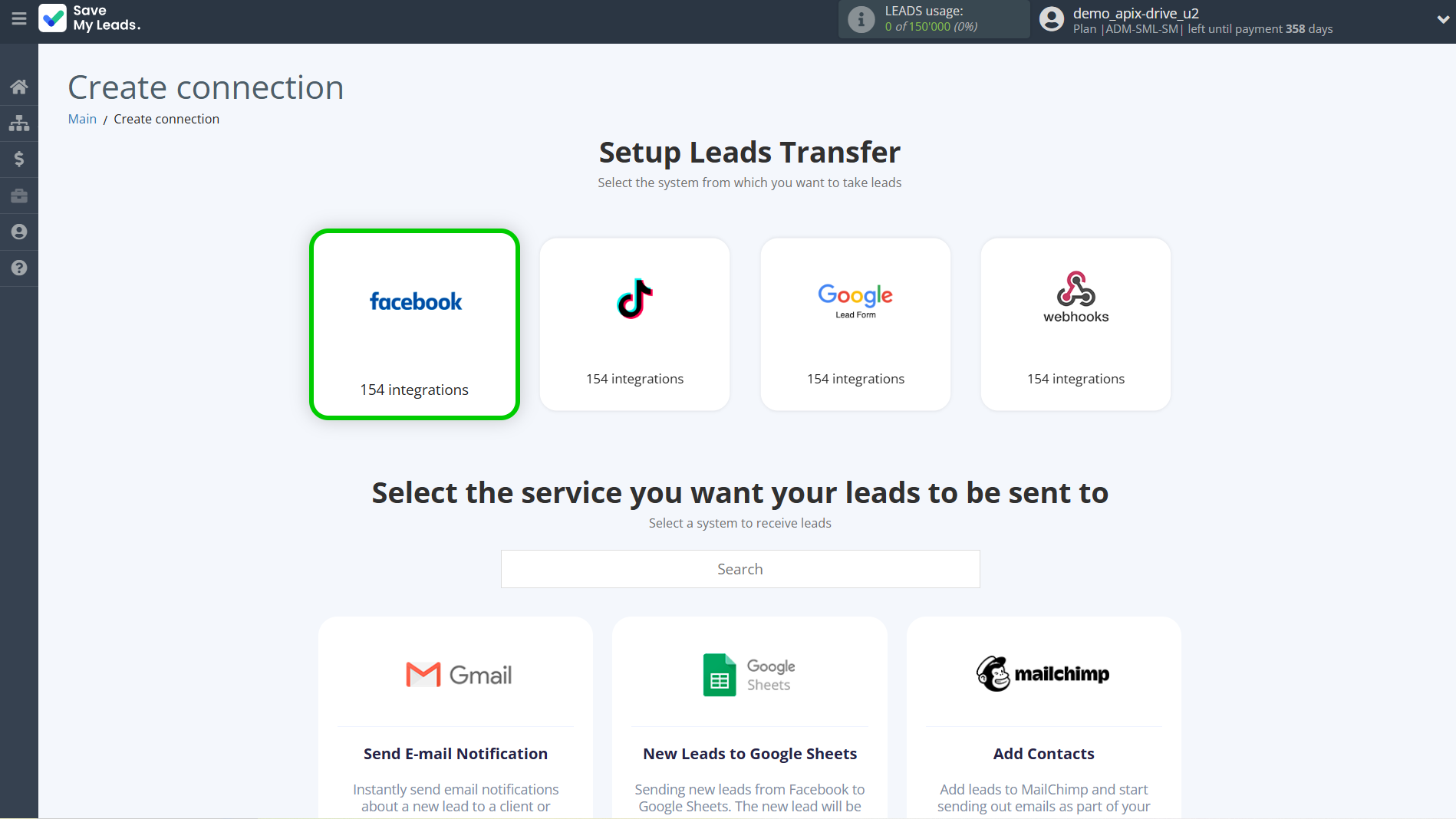 How to Connect Facebook with Copper Create Contacts | Data Source system selection