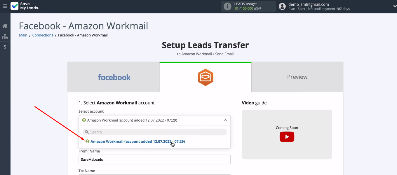 Facebook and Amazon WorkMail integration | Select Amazon WorkMail account