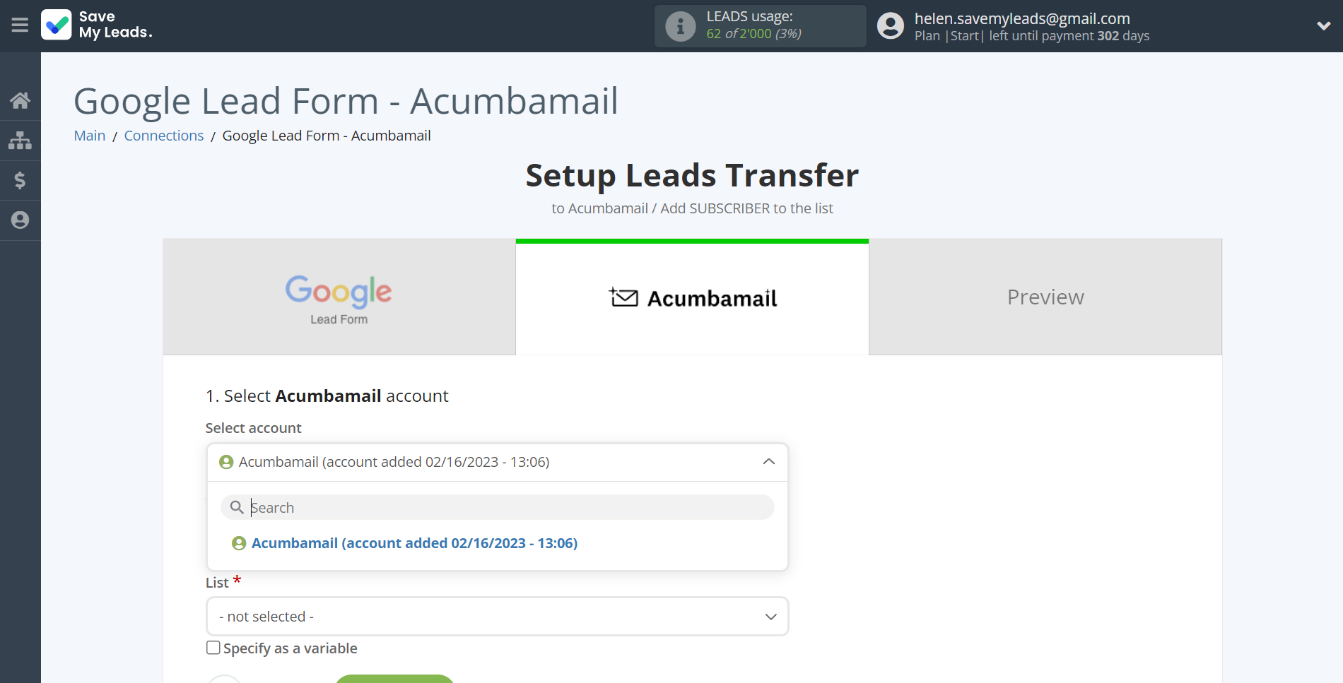 How to Connect Google Lead Form with Acumbamail Add Subscribers | Data Destination account selection