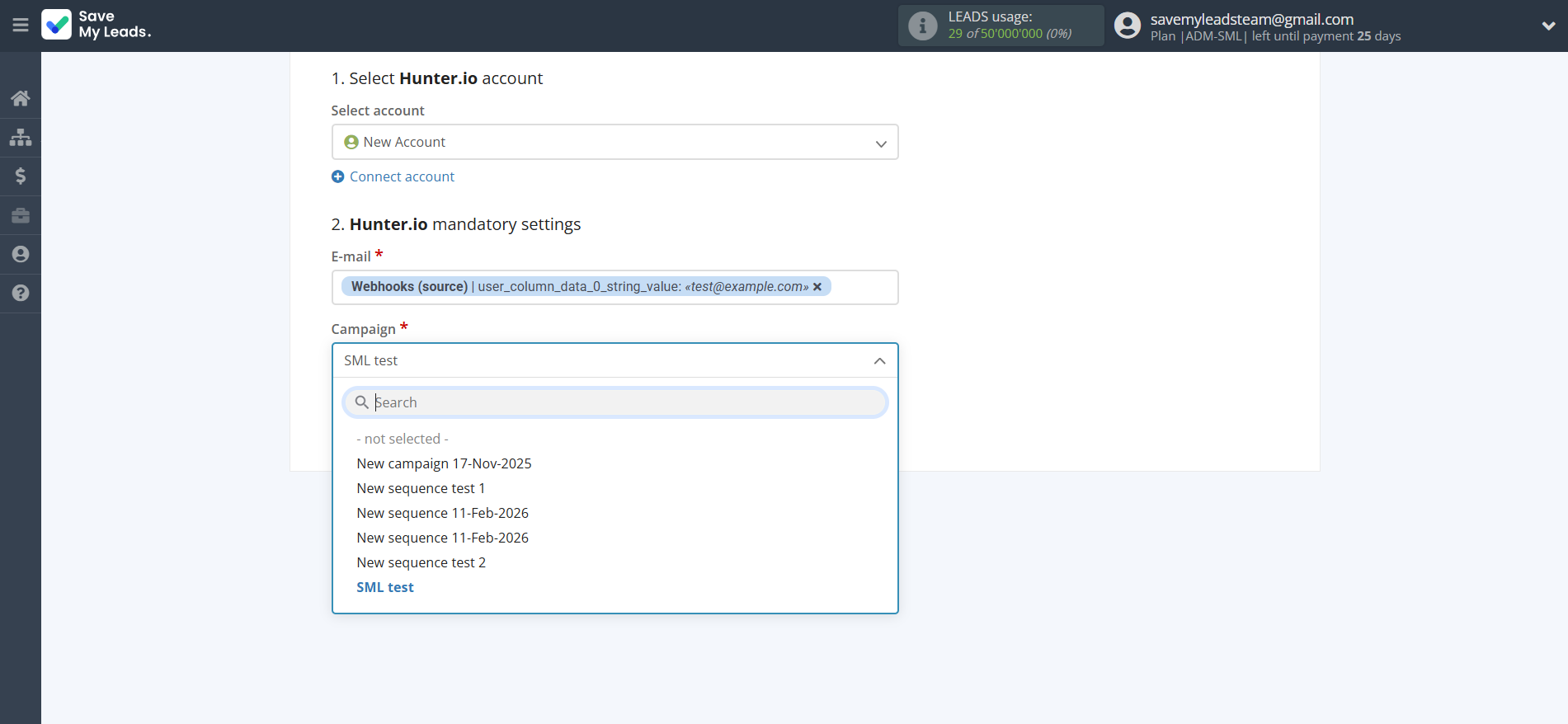 How to Connect Webhooks with Hunter.io Create Contact | Assigning fields