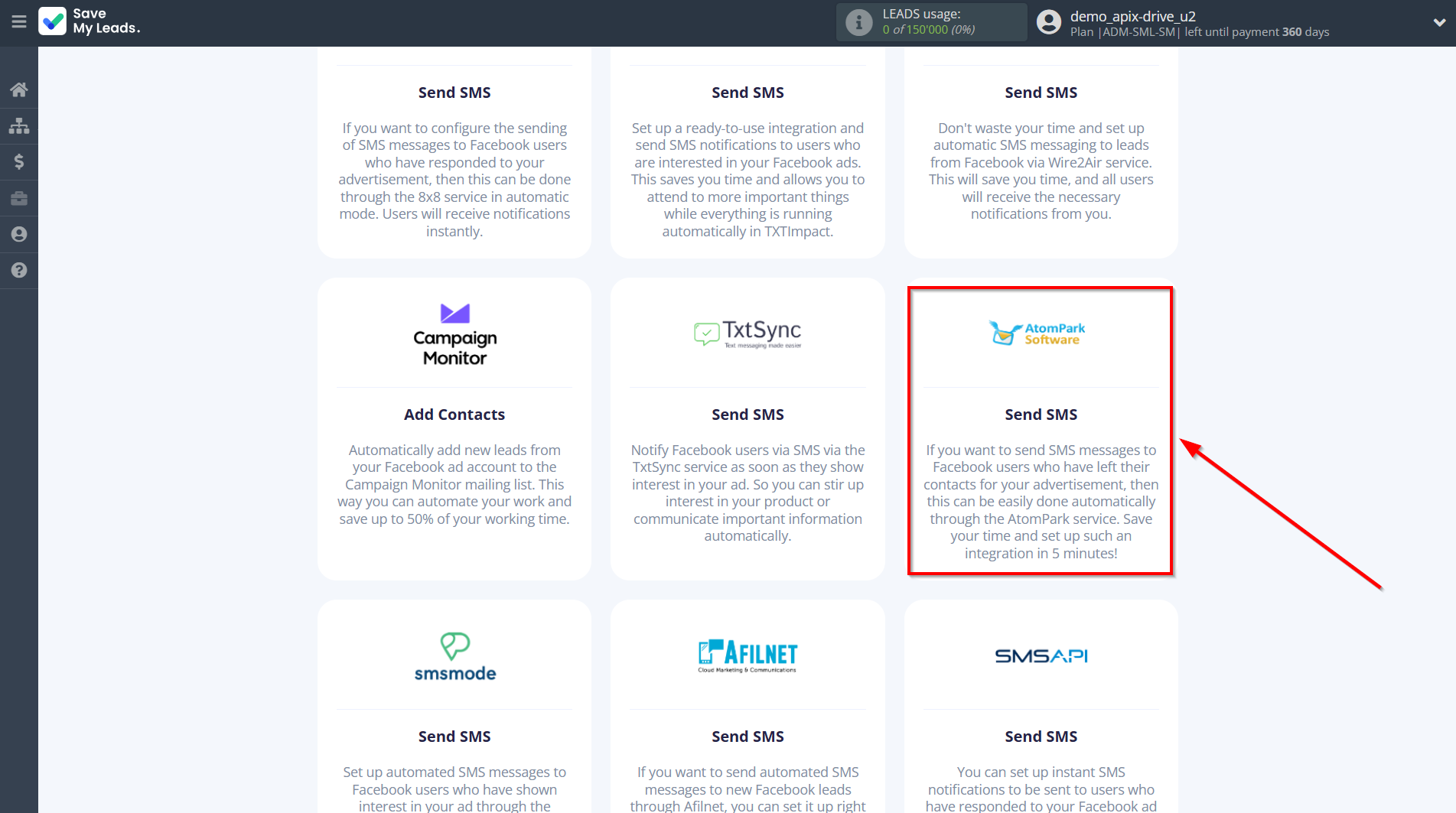 How to Connect Facebook with AtomPark | Data Destination system selection