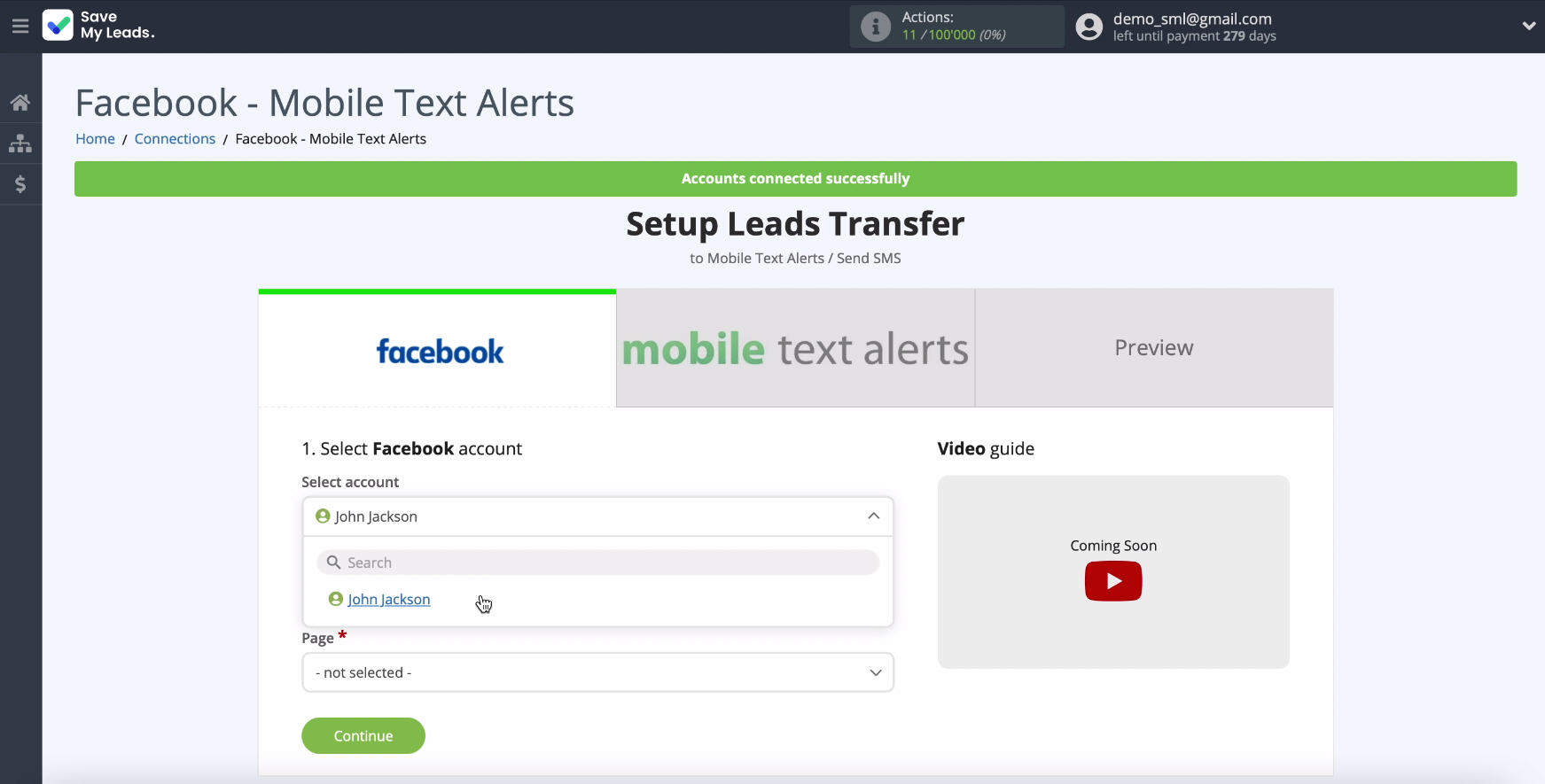 Facebook and Mobile Text Alerts integration | Select a connected account