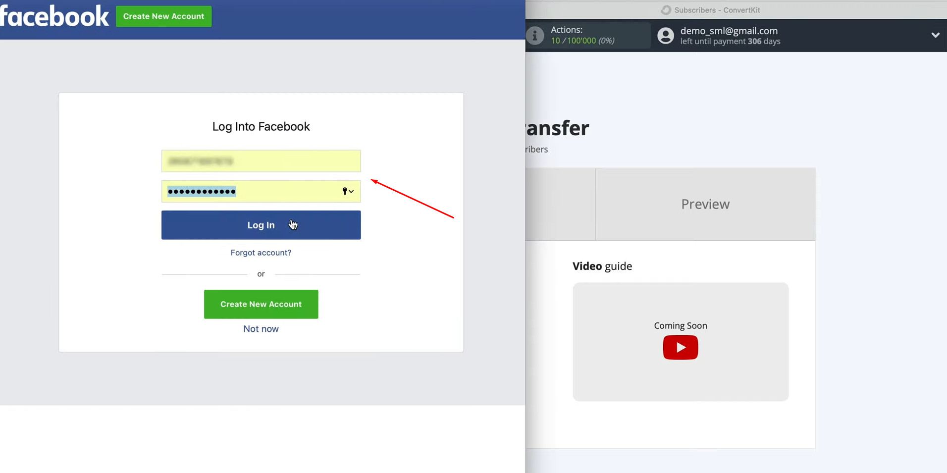 Facebook and ConvertKit integration | Specify the username and password