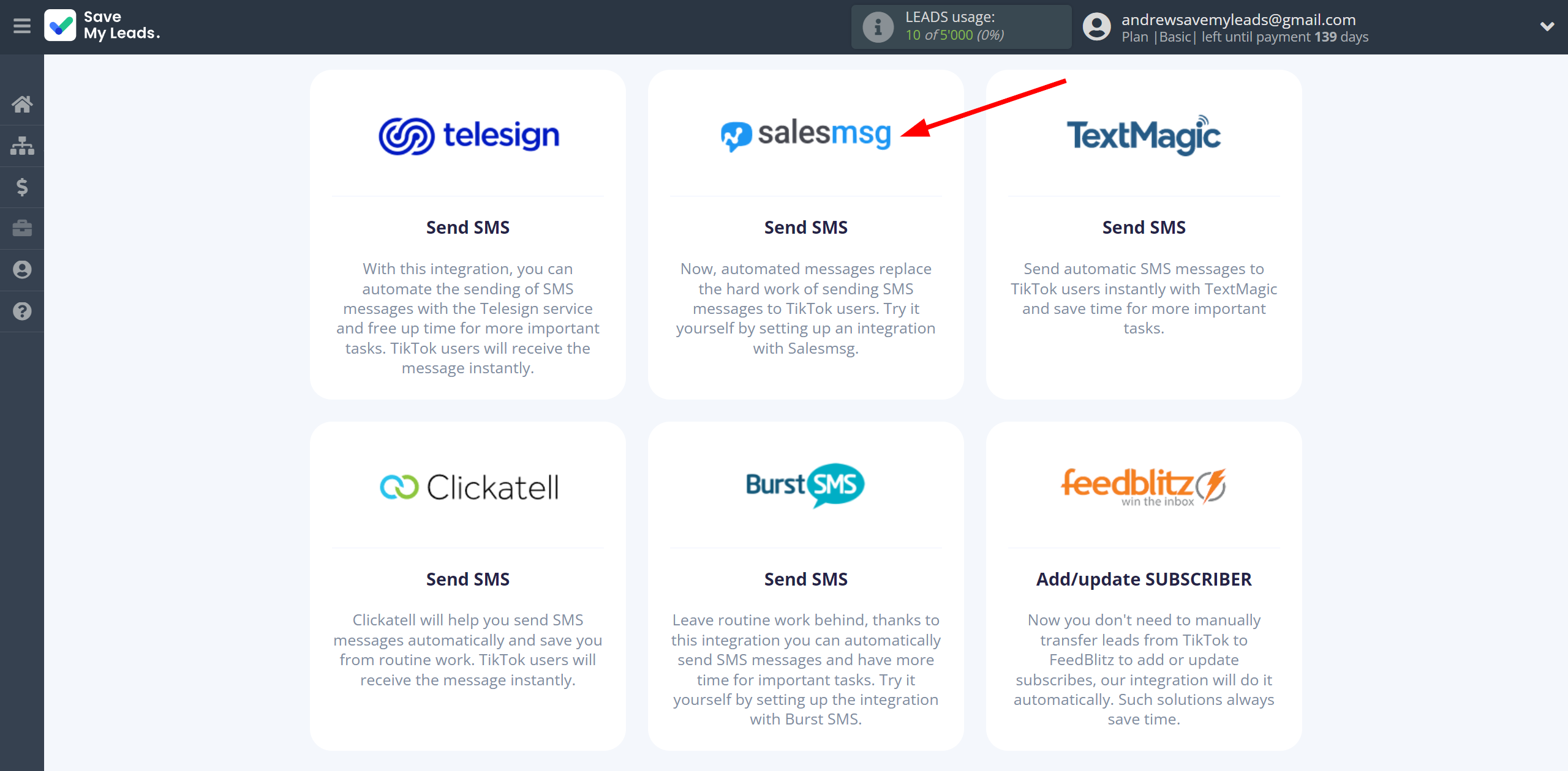 How to Connect TikTok with Salesmsg | Data Destination system selection