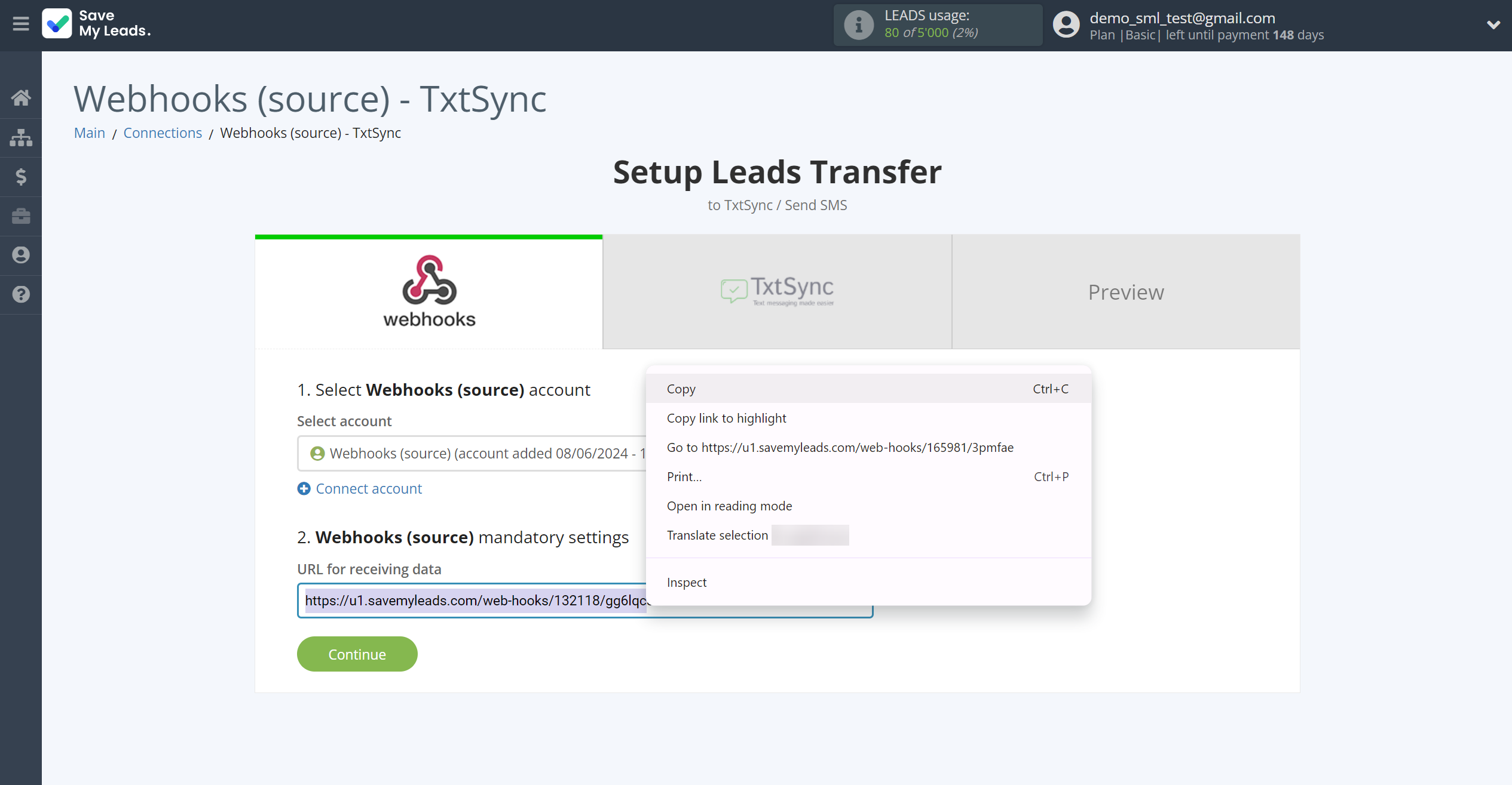 How to Connect Webhooks with TxtSync | Data Source account connection