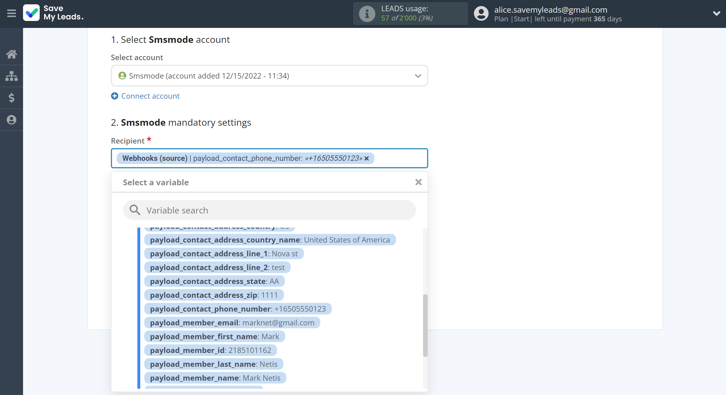 How to Connect Webhooks with Smsmode | Assigning fields