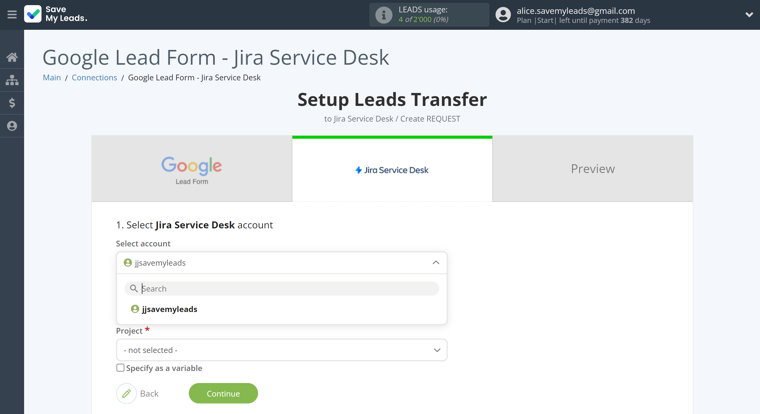 How to Connect Google Lead Form with Jira Service Desk | Data Destination account selection