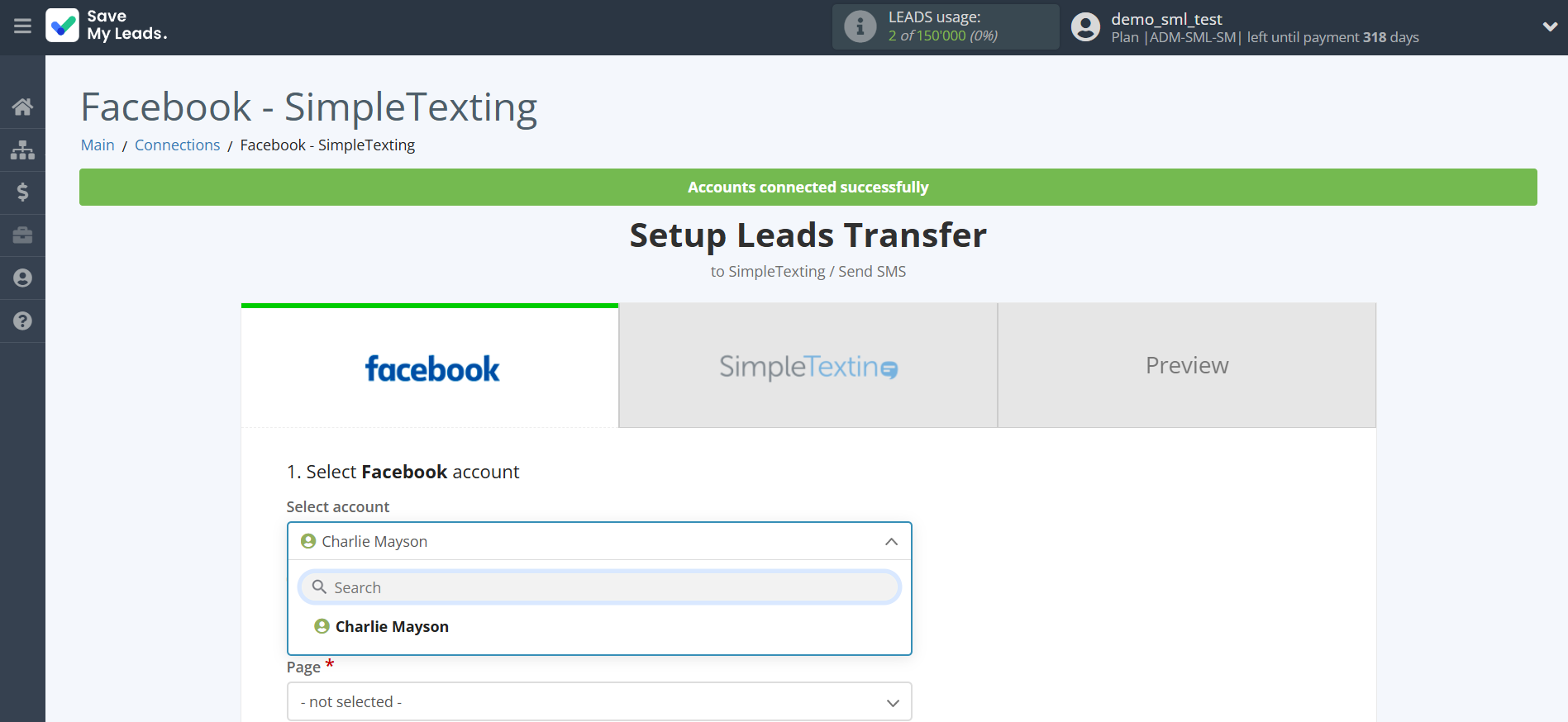 How to Connect Facebook with SimpleTexting | Data Source account selection How to Connect Facebook with SimpleTexting | Data Source account selection