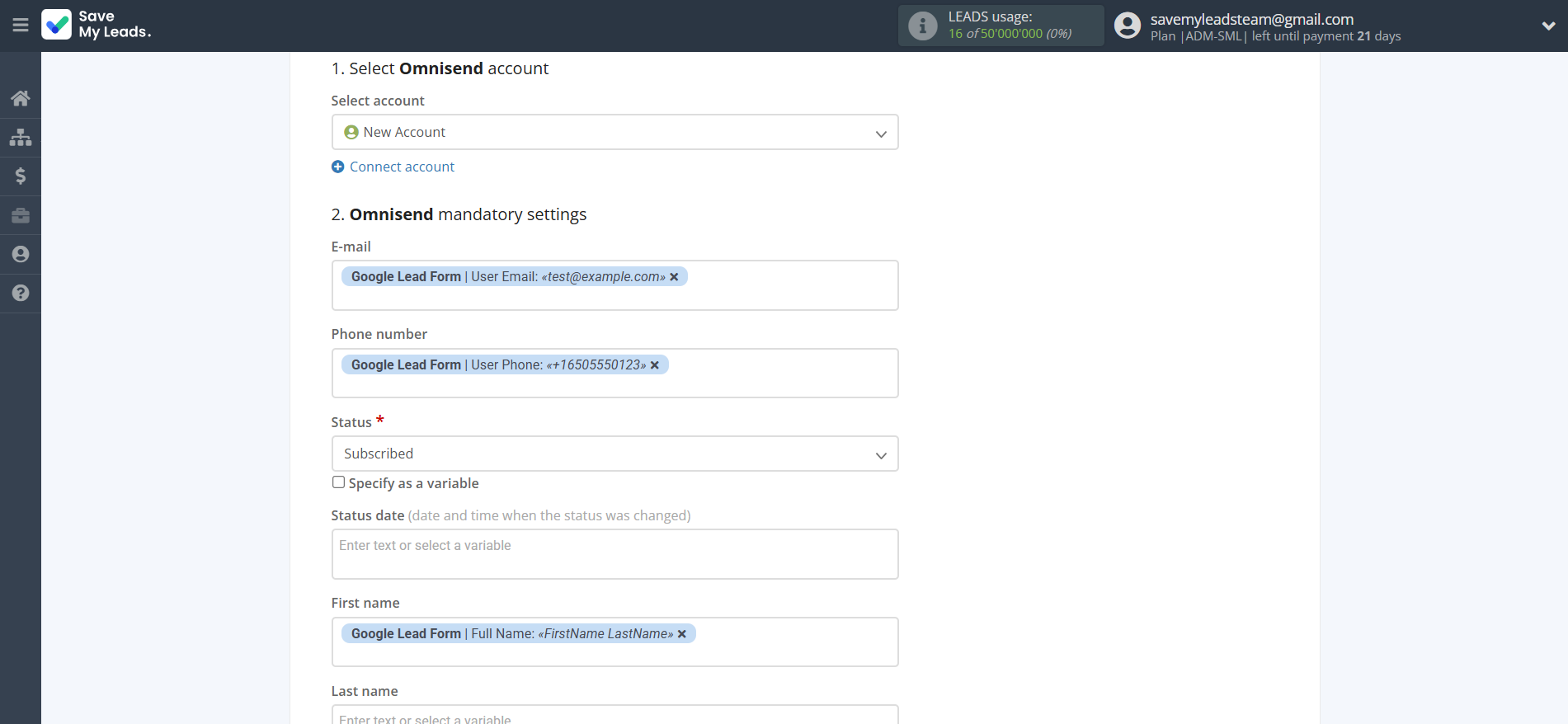 How to Connect Google Lead Form with Omnisend Create Contacts | Assigning fields