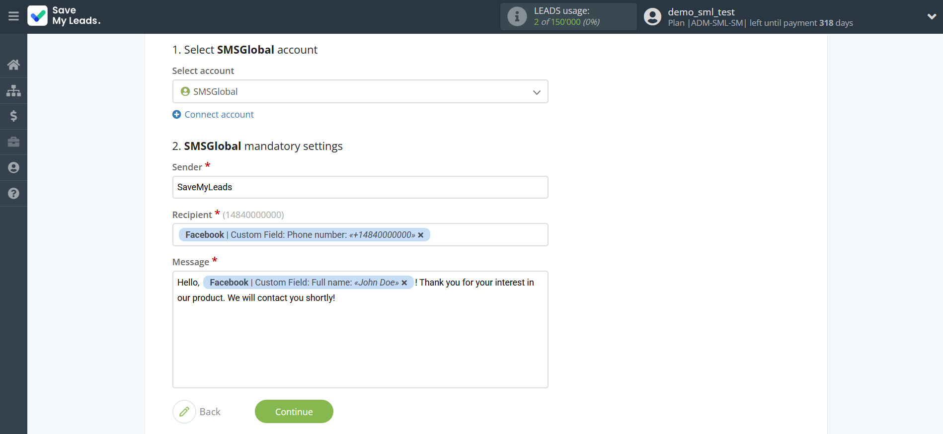 How to Connect Facebook with SMSGlobal | Assigning fields How to Connect Facebook with SMSGlobal | Assigning fields