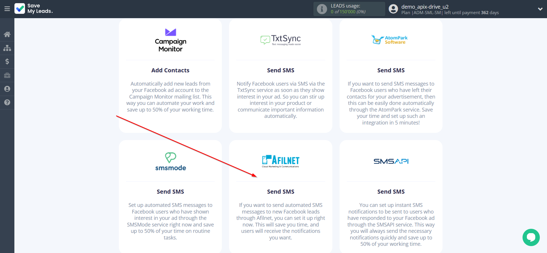 How to Connect Facebook with Afilnet | Data Destination system selection