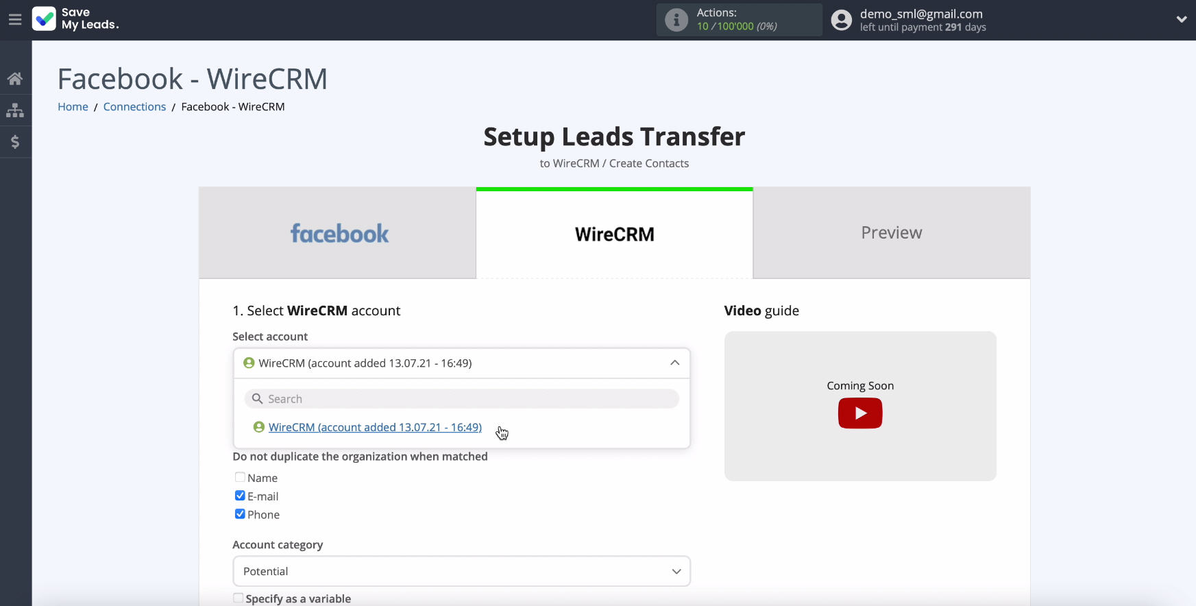 Facebook and WireCRM integration | Select the connected account