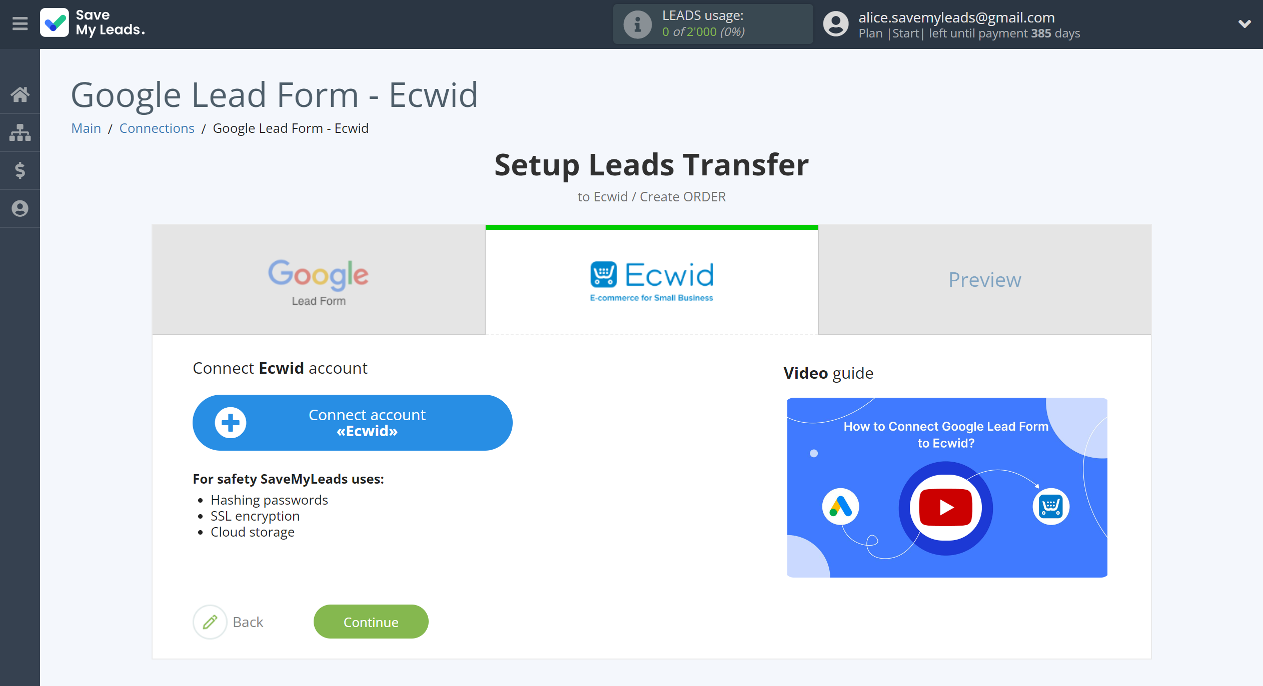 How to Connect Google Lead Form with Ecwid Create Order | Data Destination account connection