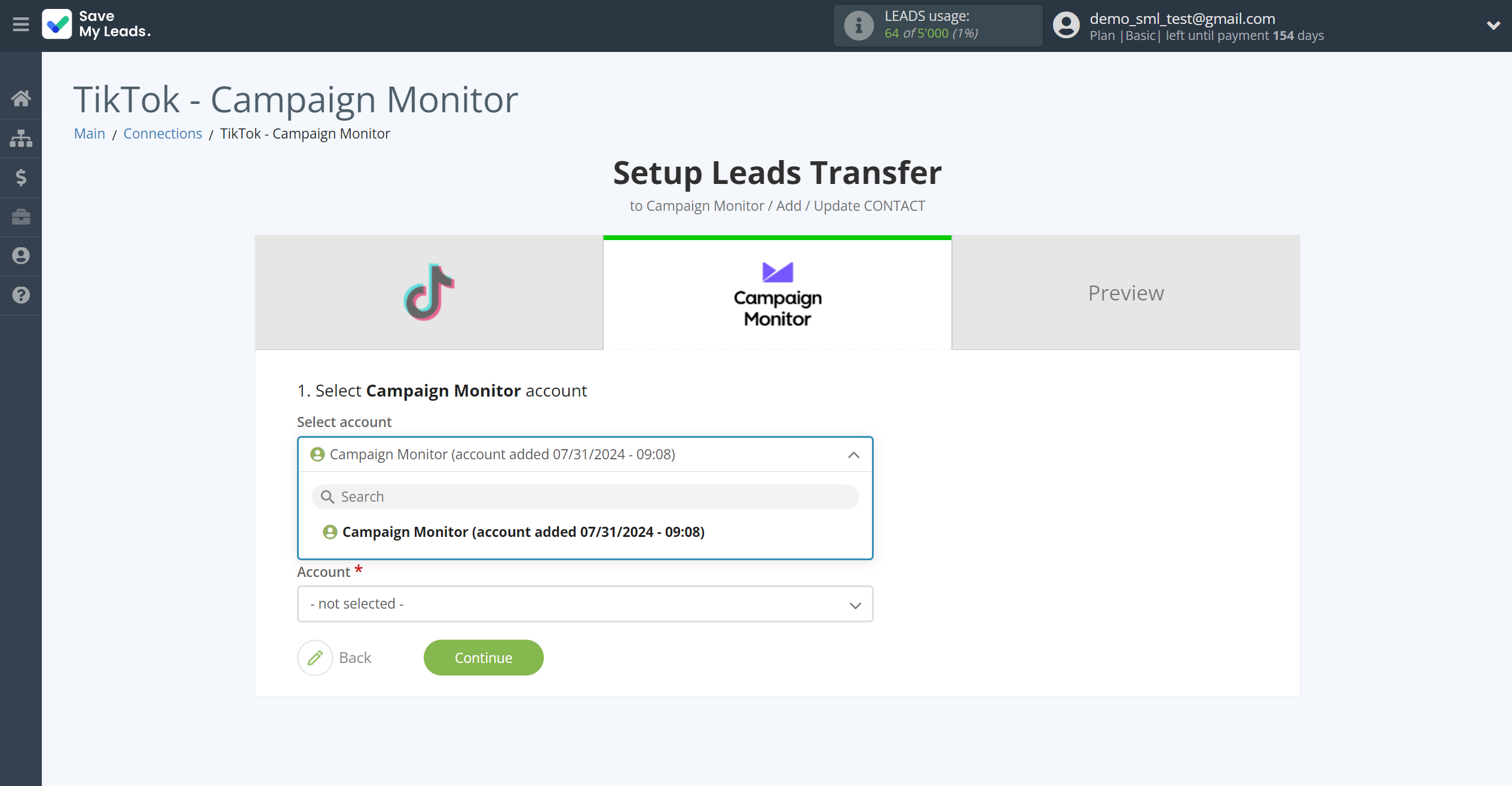 How to Connect TikTok with Campaign Monitor | Data Destination account selection