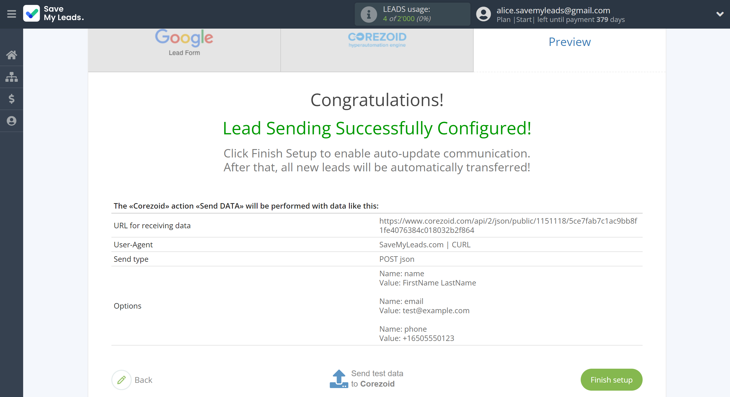How to Connect Google Lead Form with Corezoid | Test data