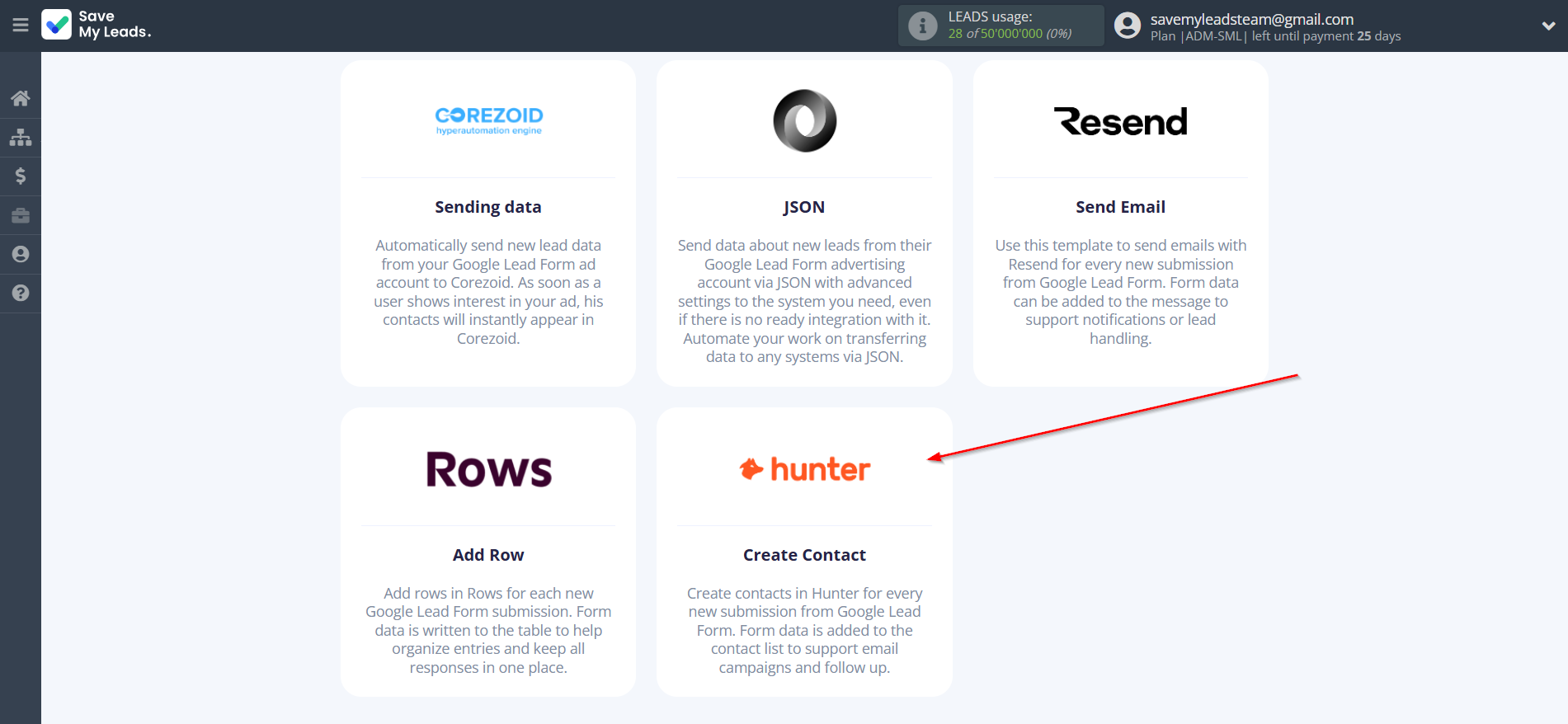 How to Connect Google Lead Form with Hunter.io Create Contact | Data Destination system selection