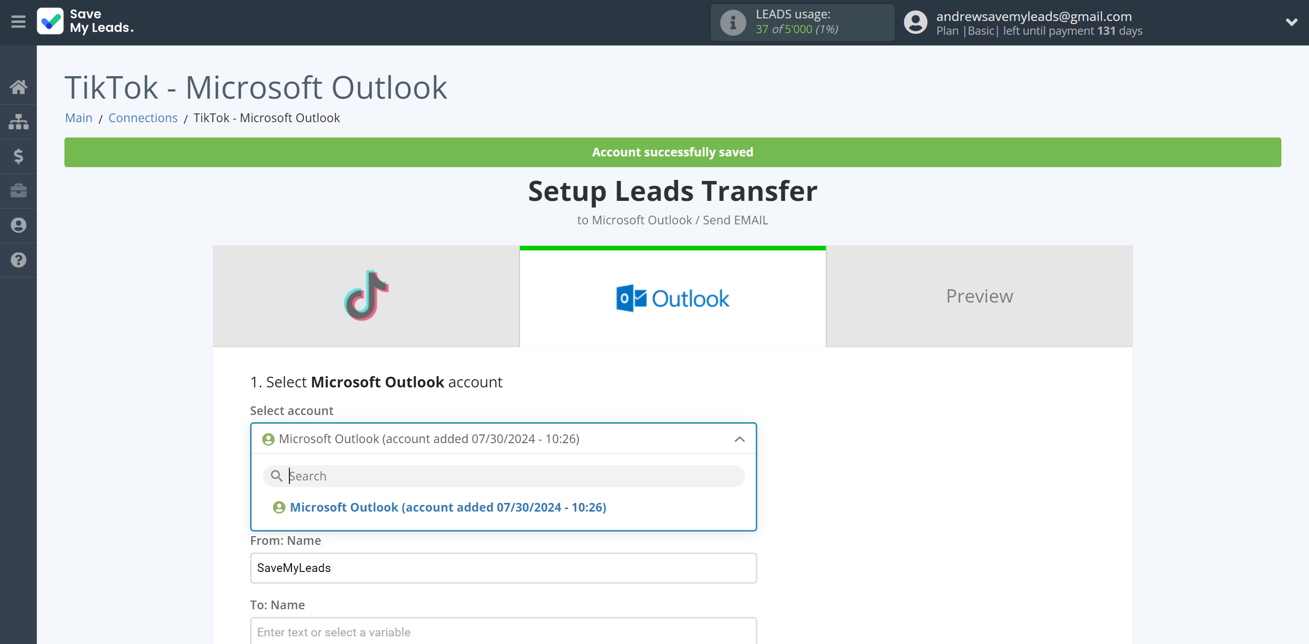 How to Connect TikTok with Microsoft Outlook | Data Destination account selection