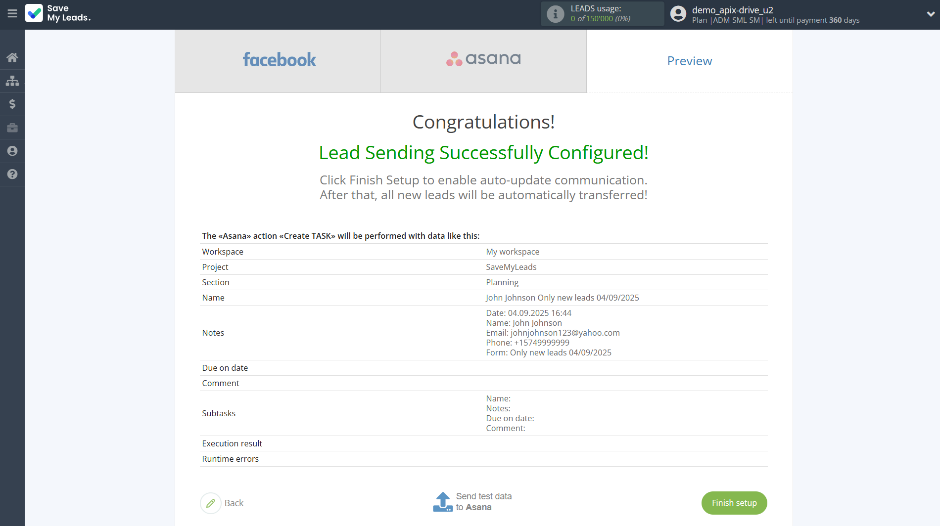 How to Connect Facebook with Asana | Test data