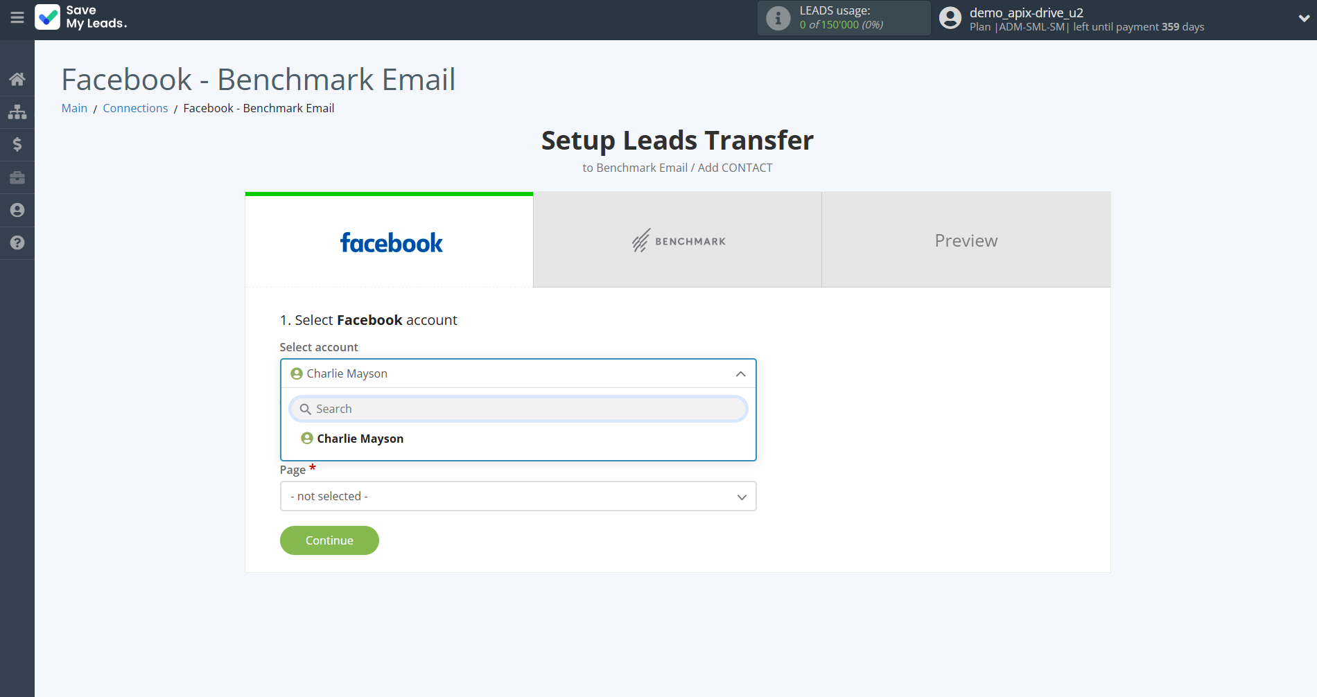 How to Connect Facebook with Benchmark Email | Data Source account selection