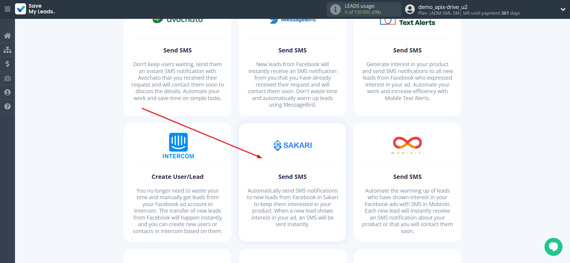 How to Connect Facebook with Sakari | Data Destination system selection