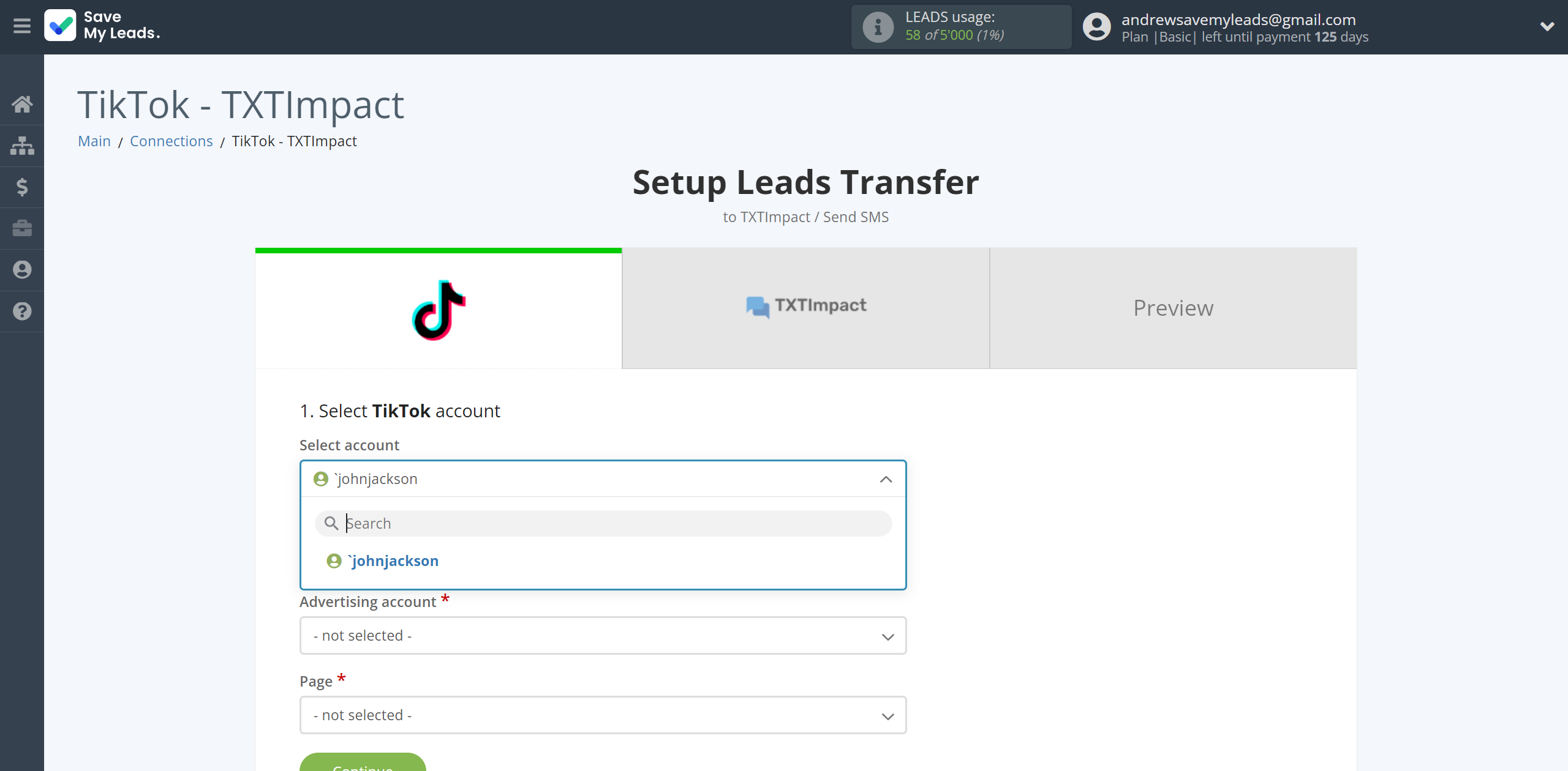 How to Connect TikTok with TXTImpact | Data Source account selection