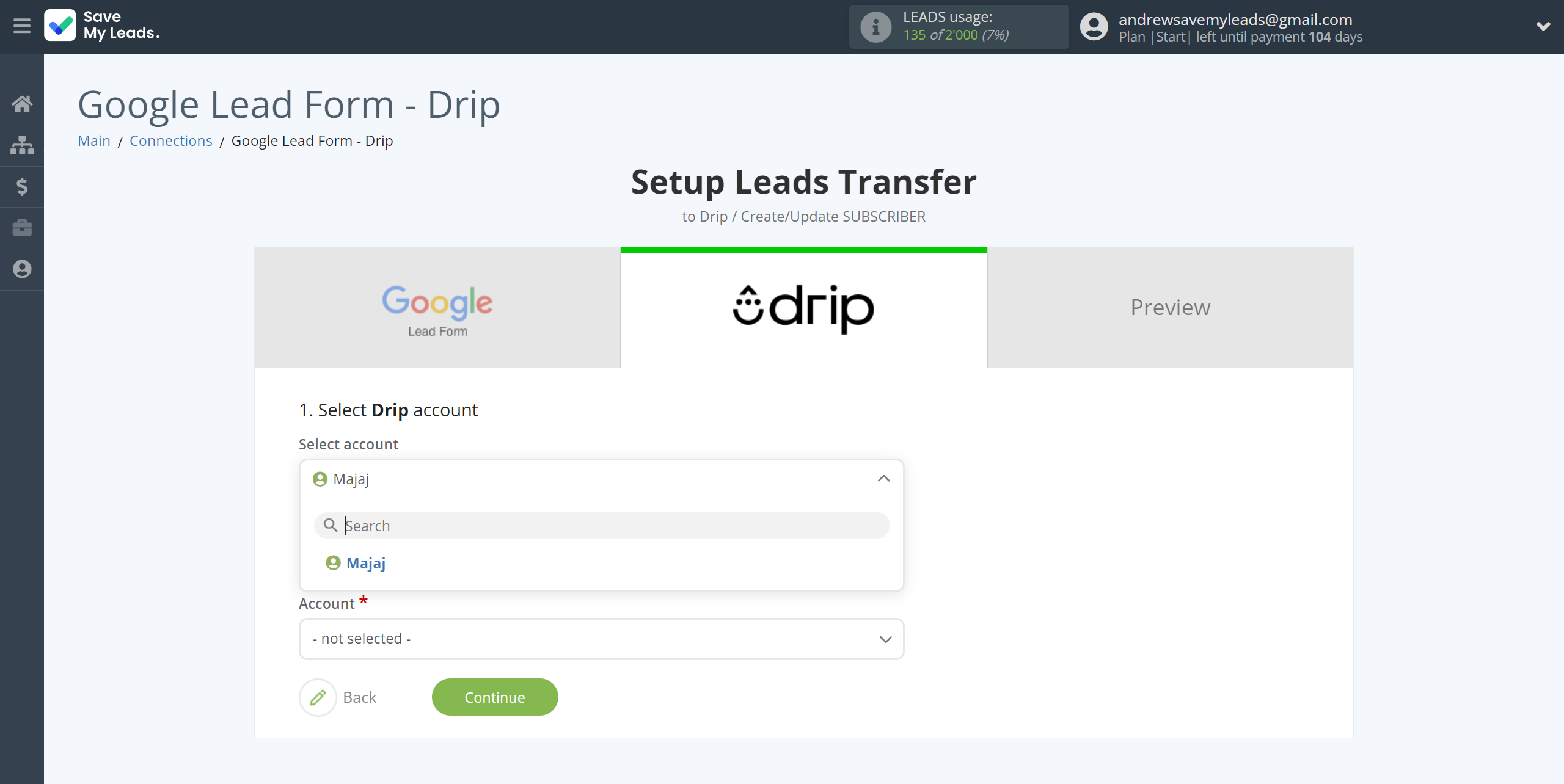 How to Connect Google Lead Form with Drip Create/Update Subscribers | Data Destination account selection