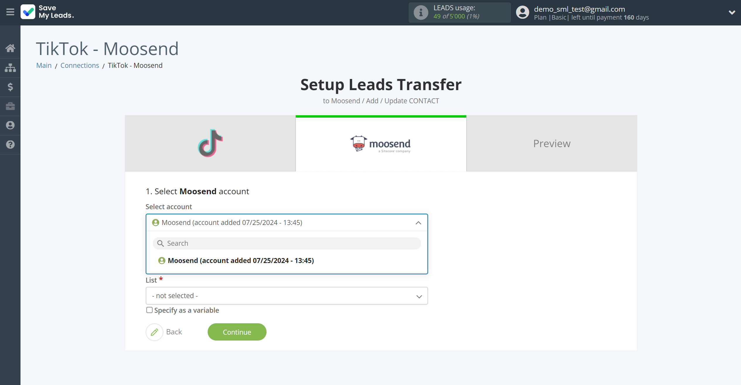 How to Connect TikTok with Moosend | Data Destination account selection