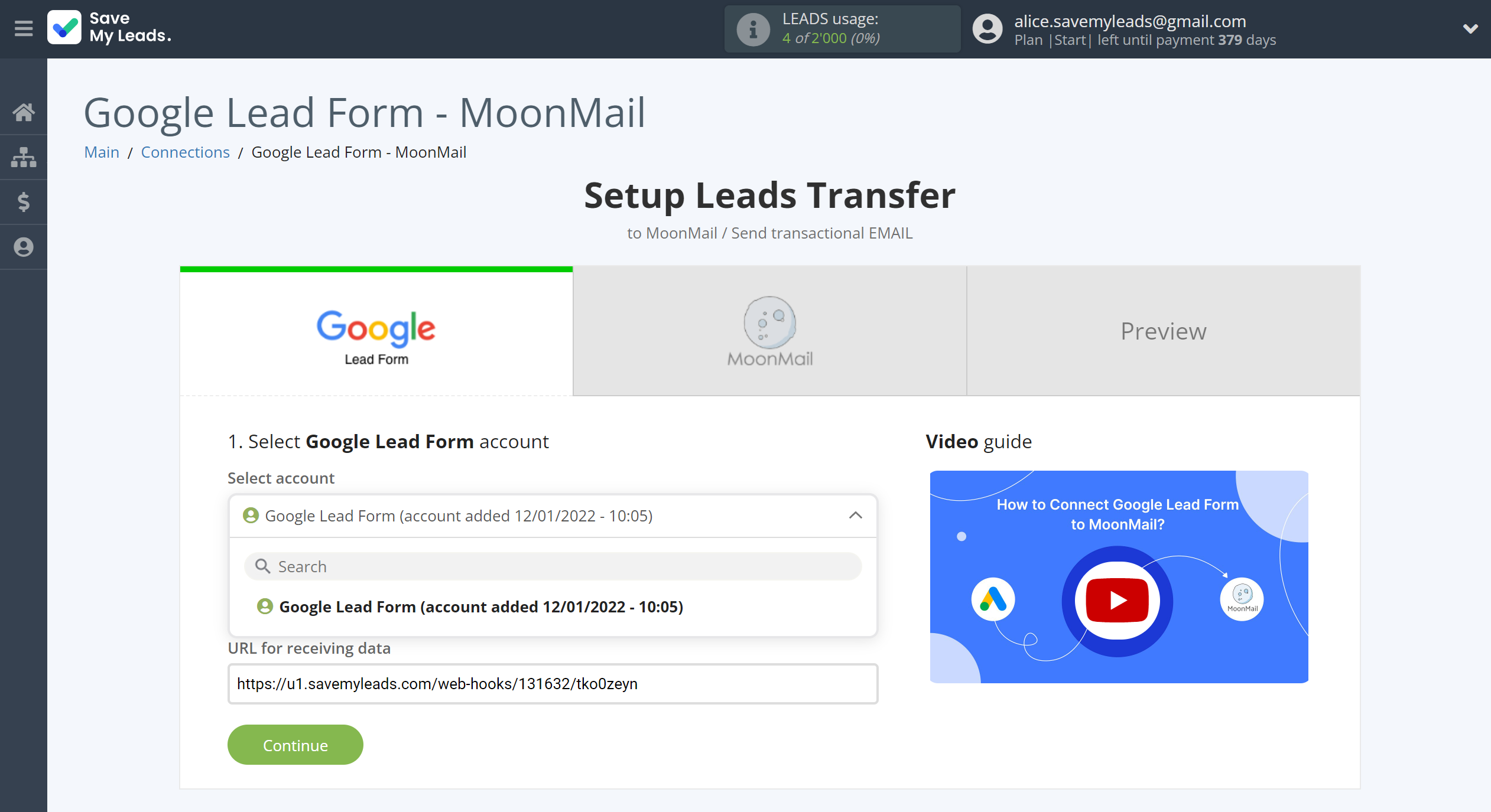 How to Connect Google Lead Form with MoonMail | Data Source account selection