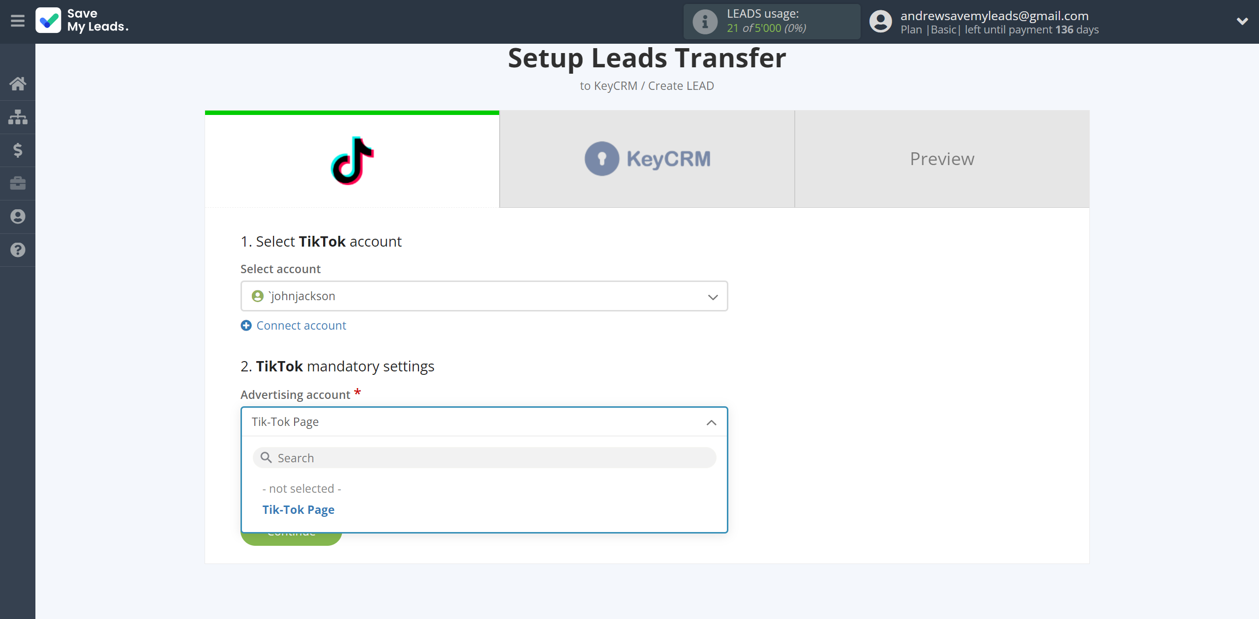 How to Connect TikTok with KeyCRM Create Lead | Data Source account connection