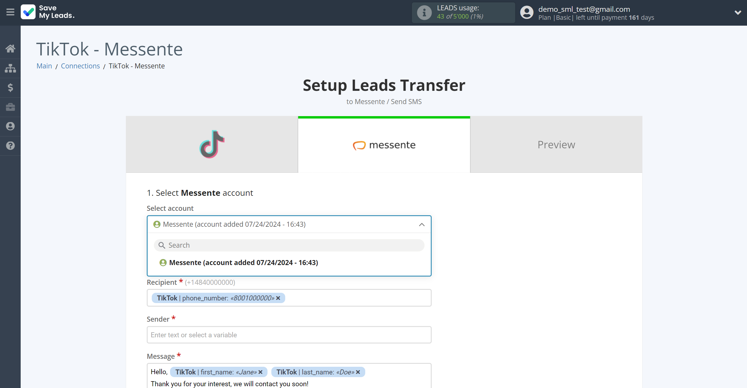 How to Connect TikTok with Messente | Data Destination account selection