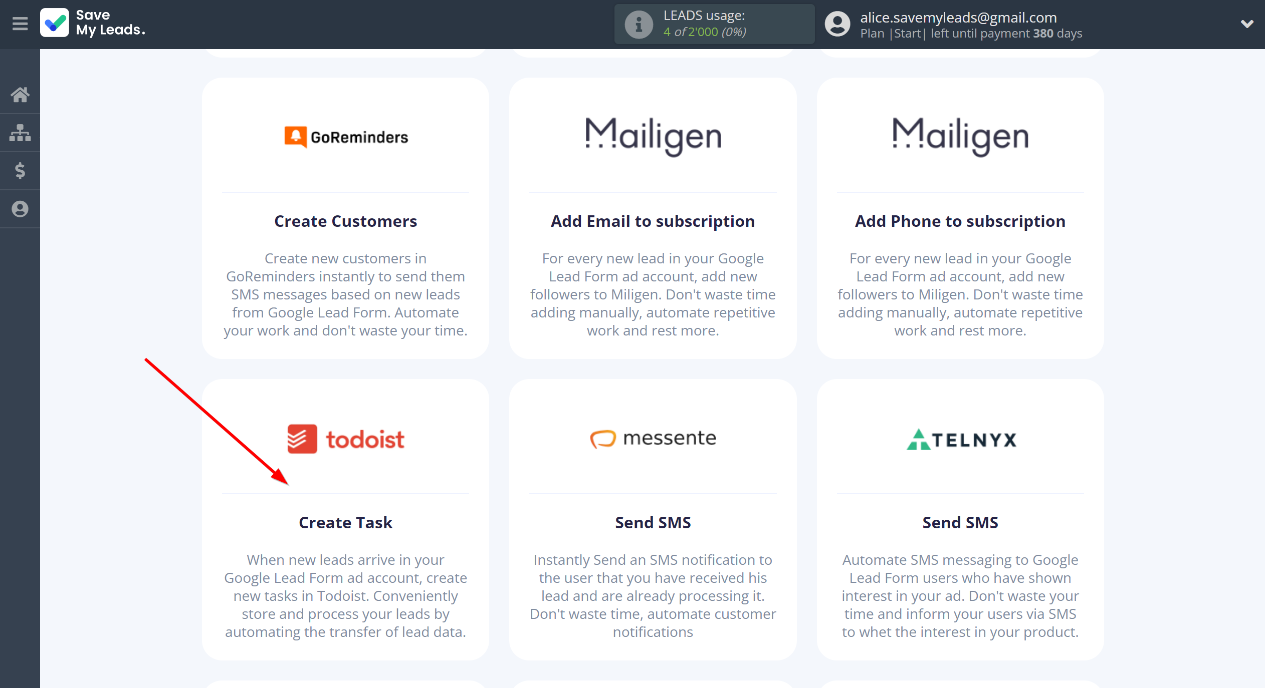 How to Connect Google Lead Form with Todoist | Data Destination system selection