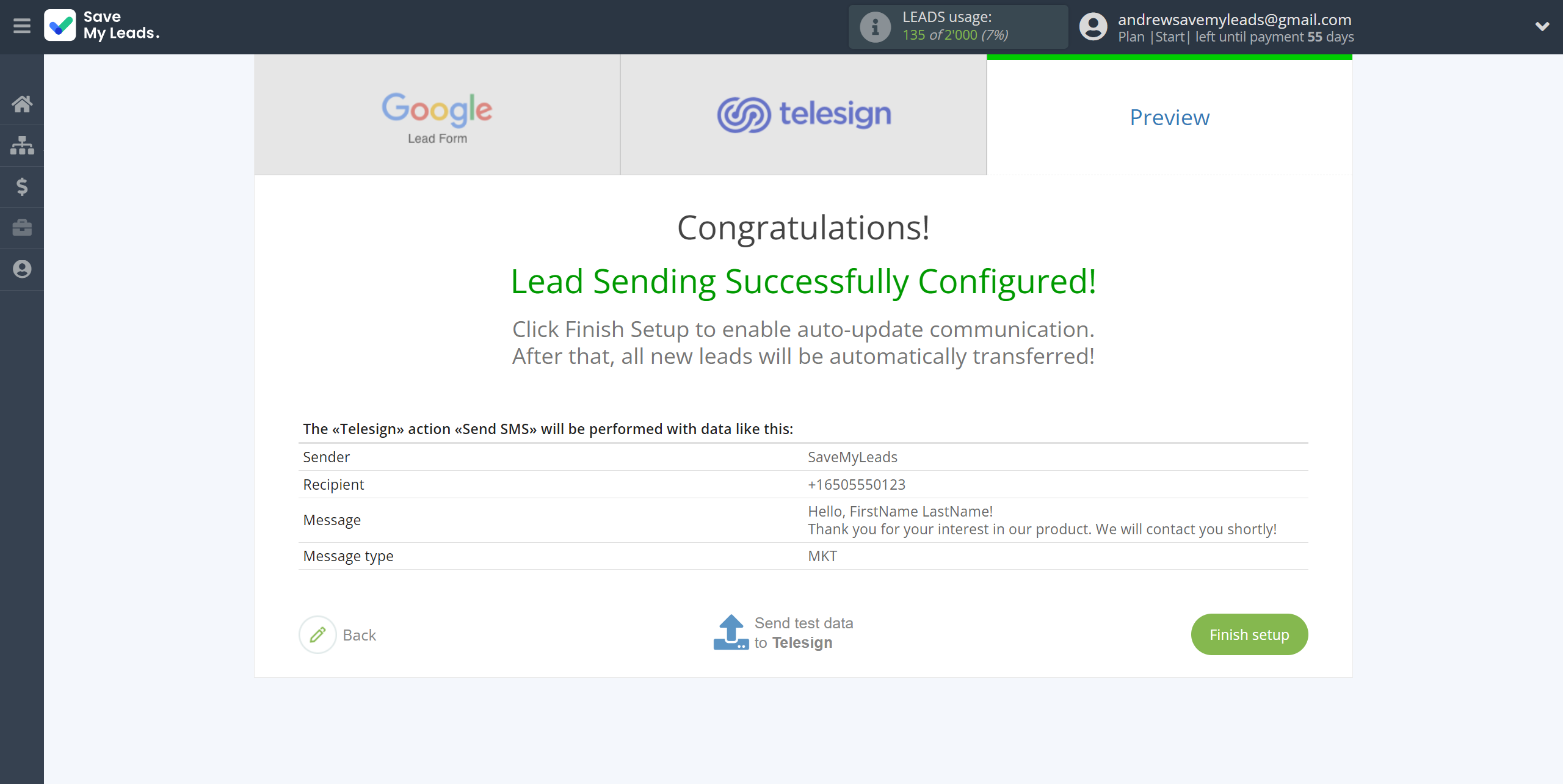 How to Connect Google Lead Form with Telesign | Test data