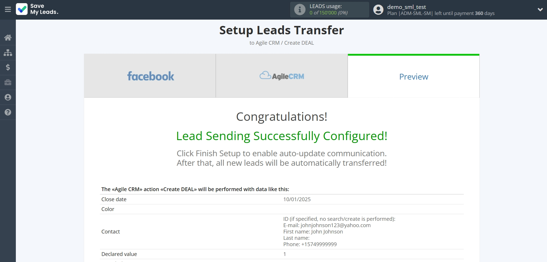 How to Connect Facebook with AgileCRM Create Deal | Test data