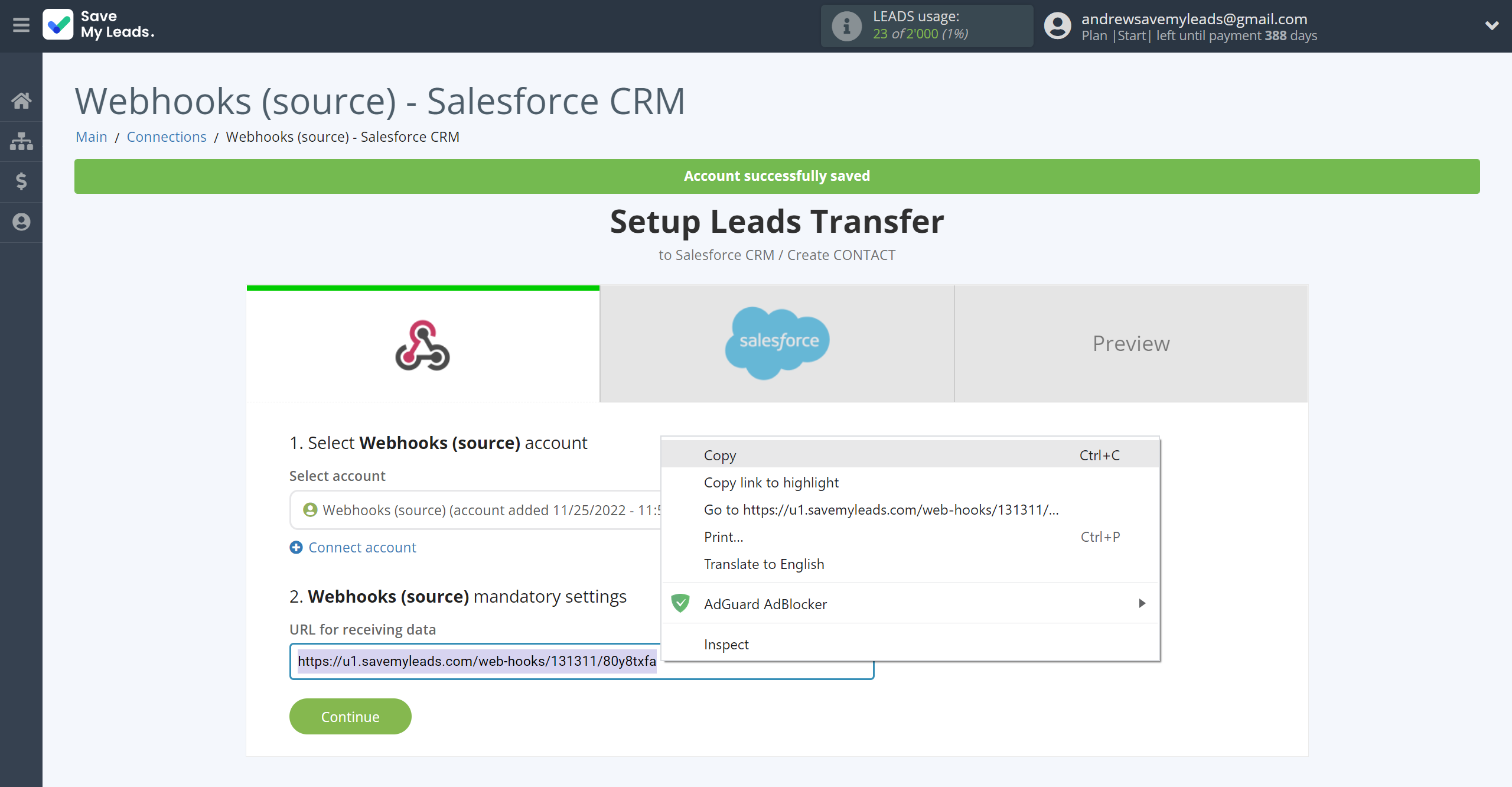 How to Connect Webhooks with Salesforce CRM Create Contacts | Data Source account connection